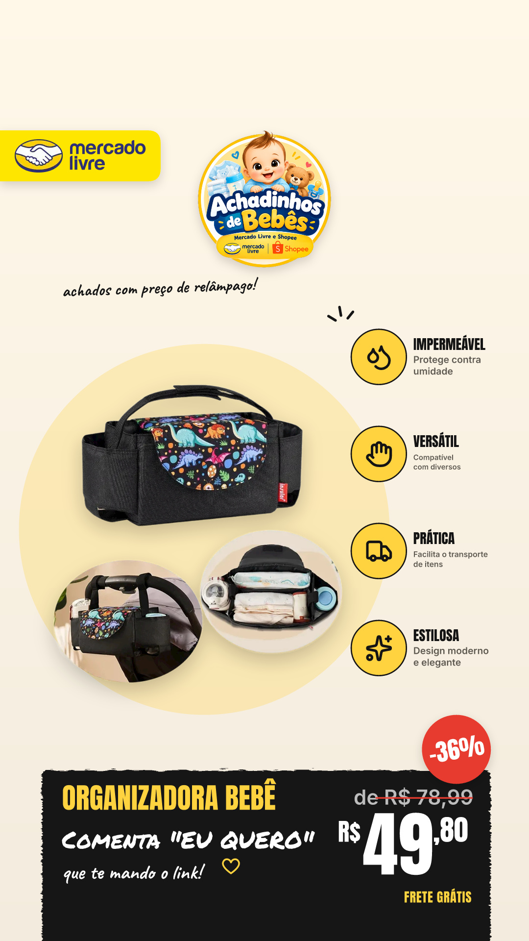 Organizadora Para Carrinho Bebê Fraldas E Copo Impermeável Pretoadequado Para Carrinhos Como Uppababy, Baby Jogger, Britax, Bob, Guarda-chuva E