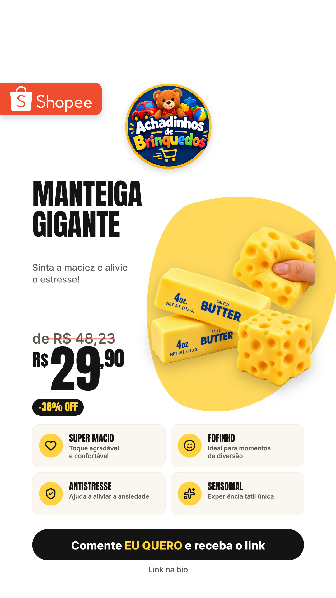 Squishy Butter Manteiga Gigante 24cm e 13,5cm Super Macio Fofinho Surpresa Antistresse Fidget Toy Sensorial Queijo