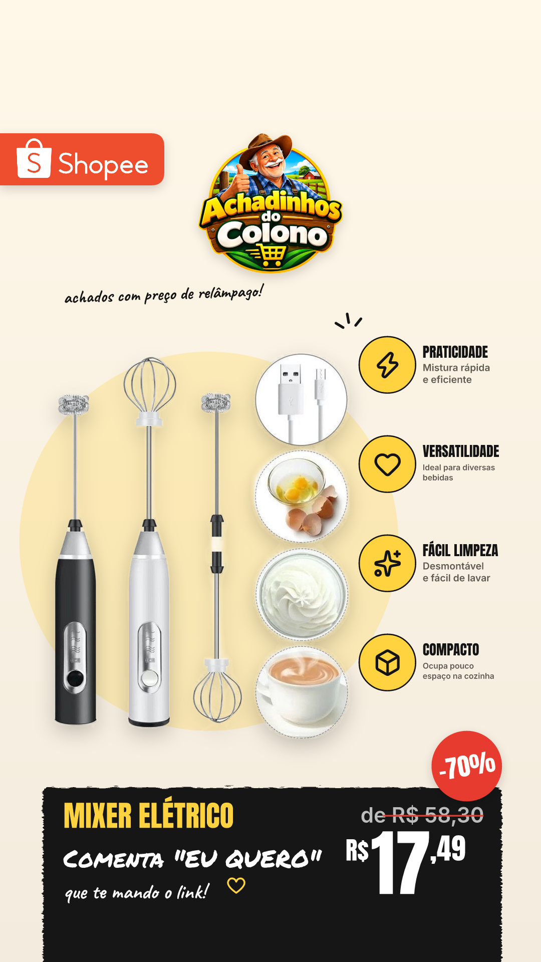 Batedor Misturador Mixer Elétrico para Bebidas Leite Café Clara de Ovos