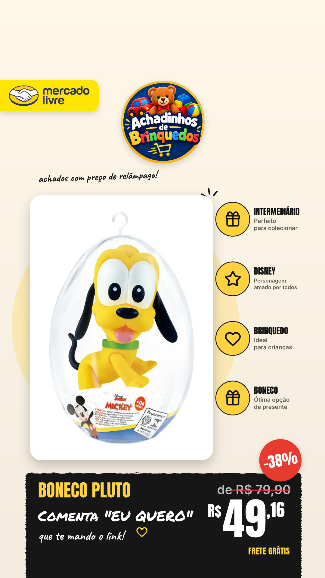 Lider Brinquedos 3739 Disney Pluto Boneco No Ovo Intermedio