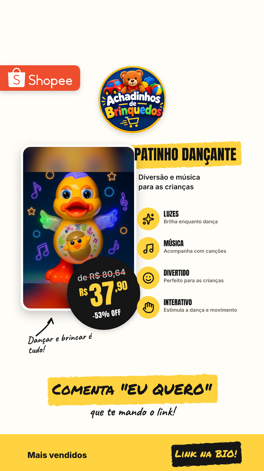 Patinho Dançante Com Luzes Pato Dançarino Musica Criança Brinquedo