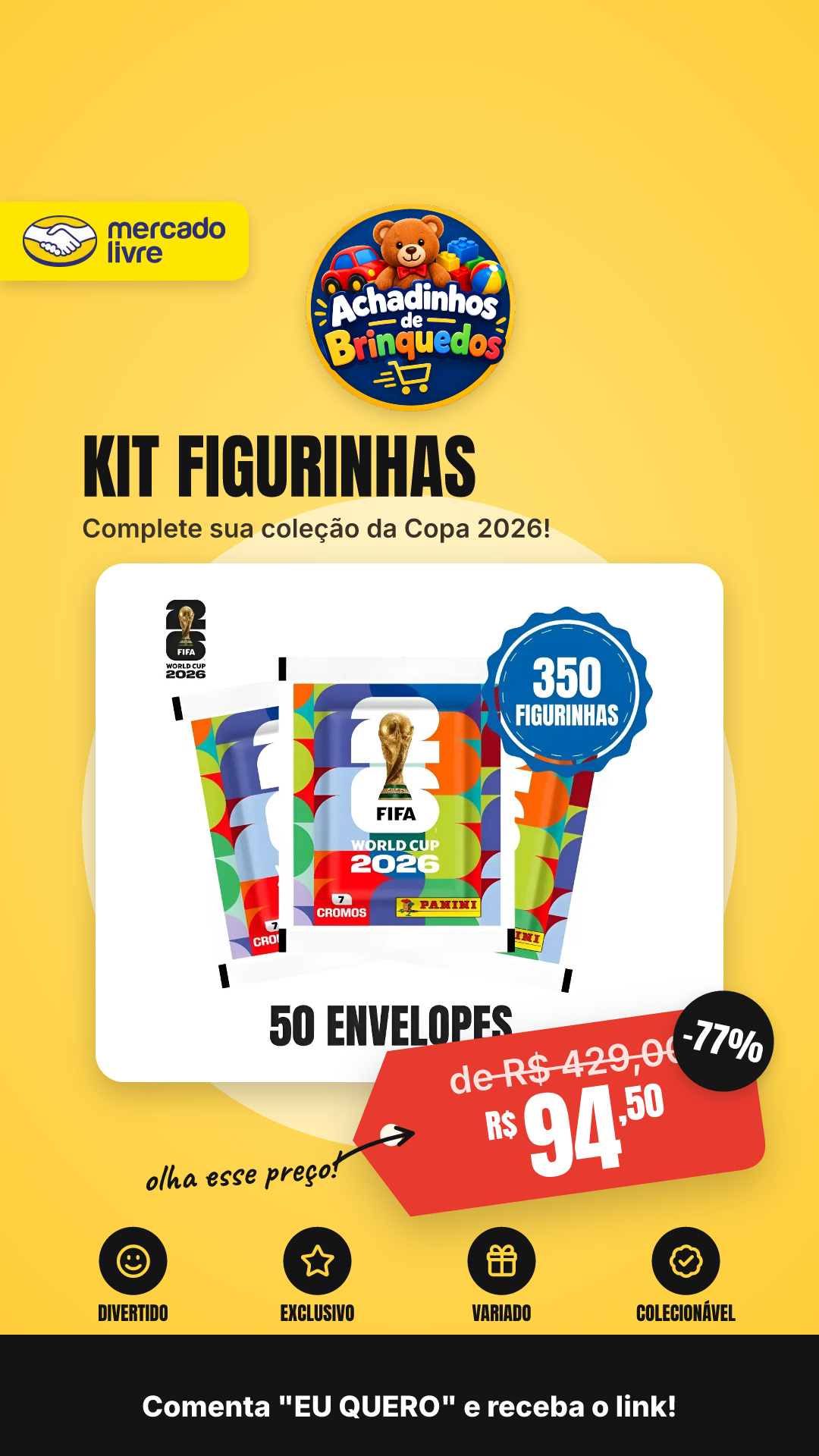Kit Com 350 Figurinhas Da Copa Do Mundo 2026 - 50 Envelopes