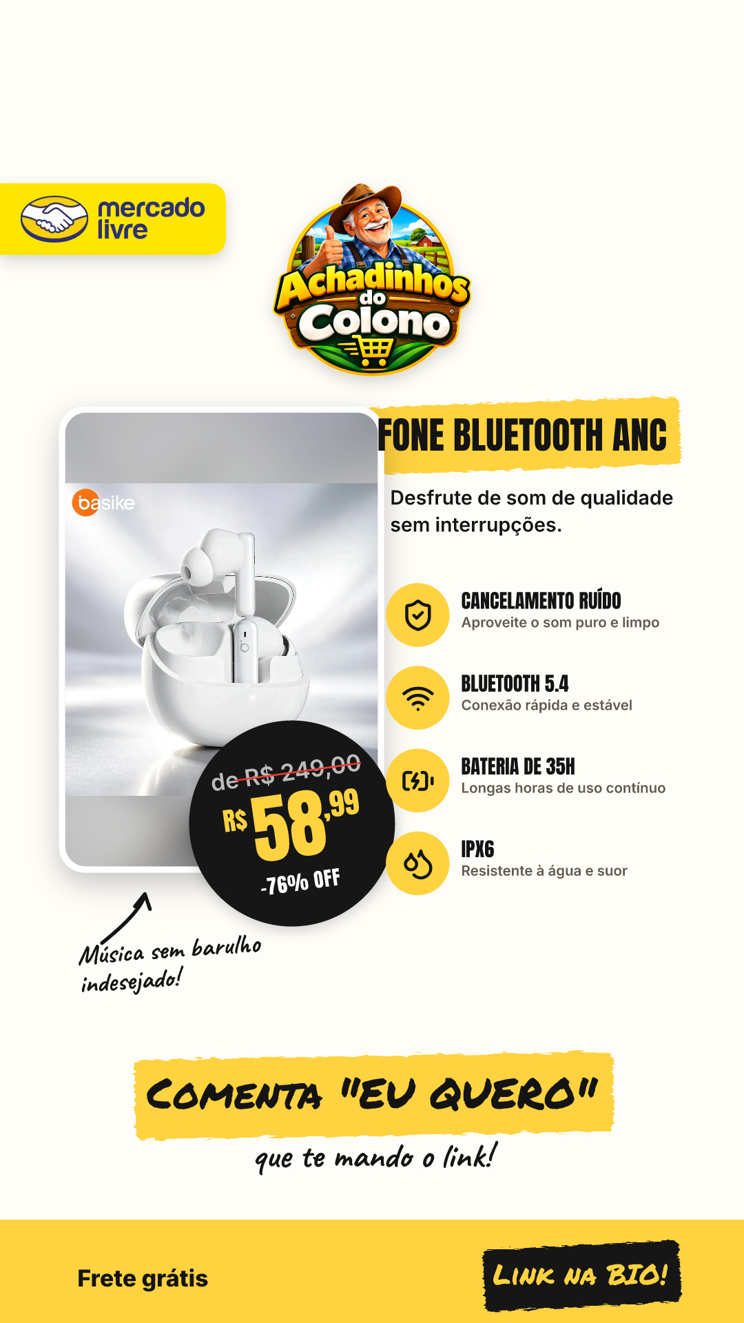 Fone De Ouvido Basike In-ear Tws Com Cancelamento De Ruído Anc E Enc, Bluetooth 5.4, Bateria De 35h E Ipx6 Branco