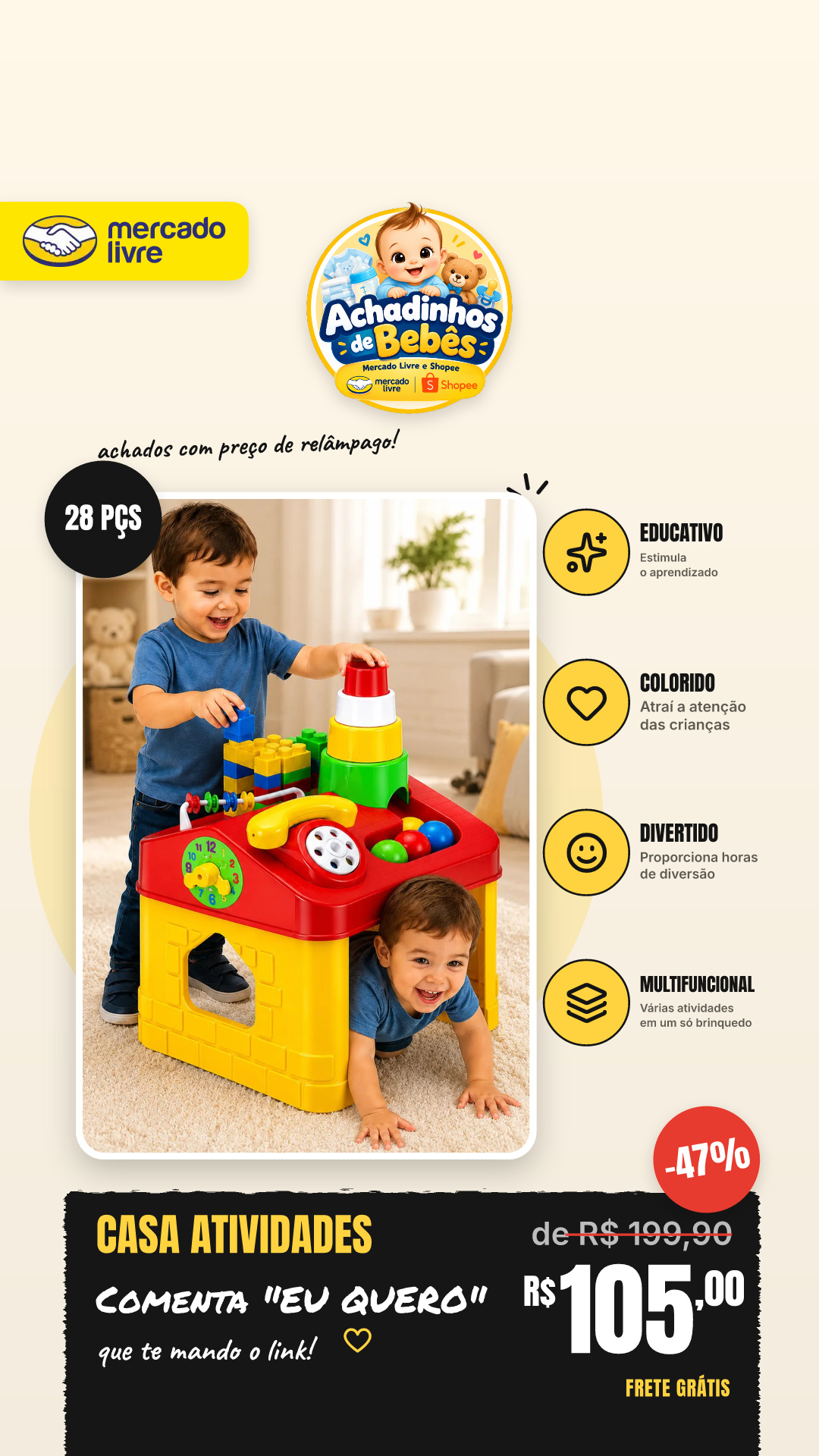 Casa De Atividades Brinquedo Educativo Infantil Bebê 28 Pçs Colorido
