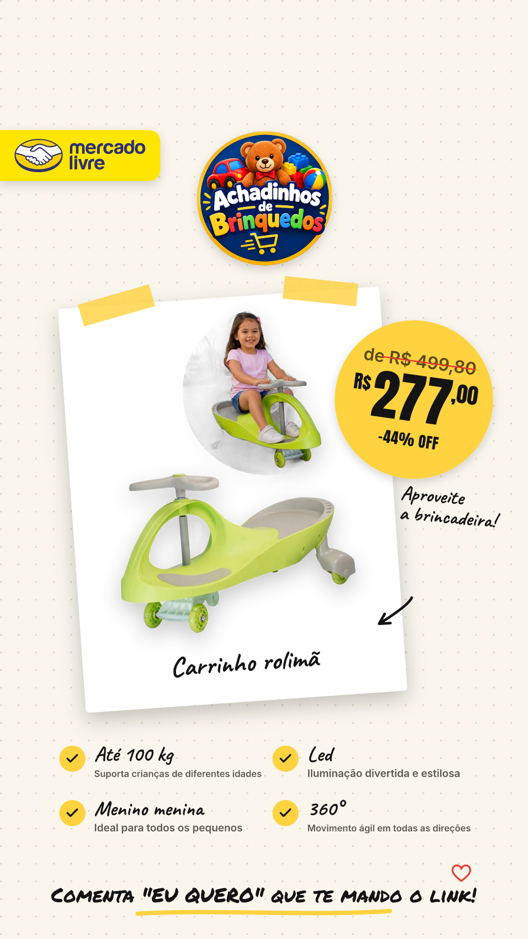 Carrinho Rolimã Até 100kg Zippy Car 360° Led Menino Menina Verde-claro