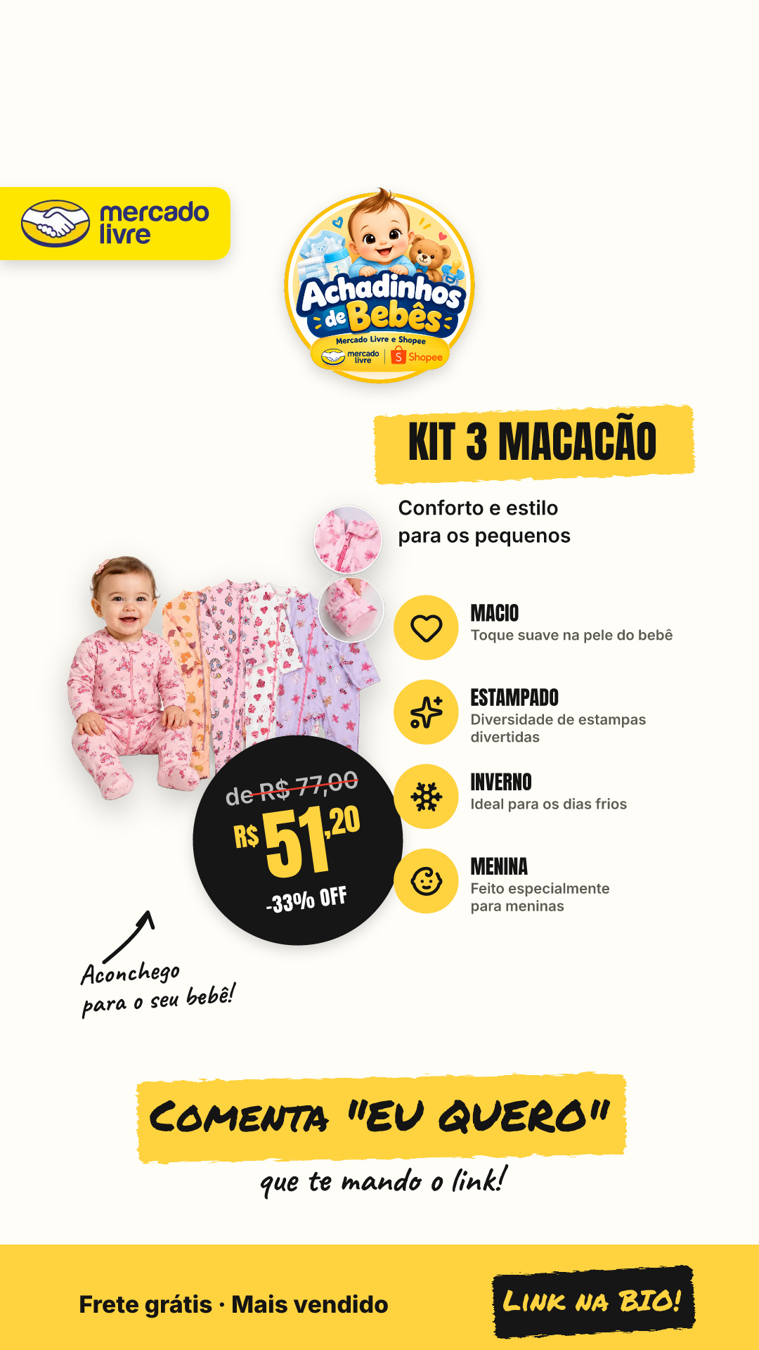 Kit 3 Macacão Bebê Ziper Algodão Enxoval Macio Inverno Menina Estampado M (2-4 Meses)