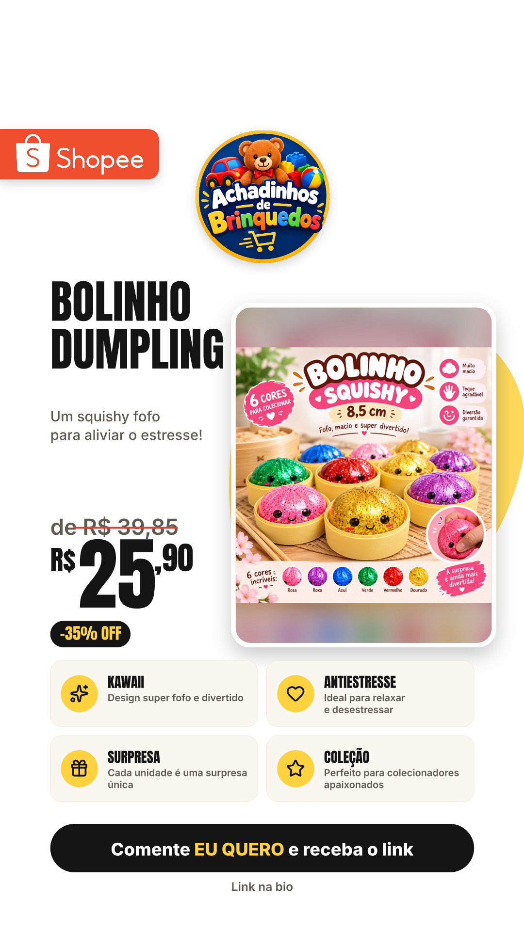Bolinho Raro Dumpling Squishy Glitter em Gel Kawaii Fidget Antiestresse - SURPRESA PARA COLECIONAR - COLEÇÃO