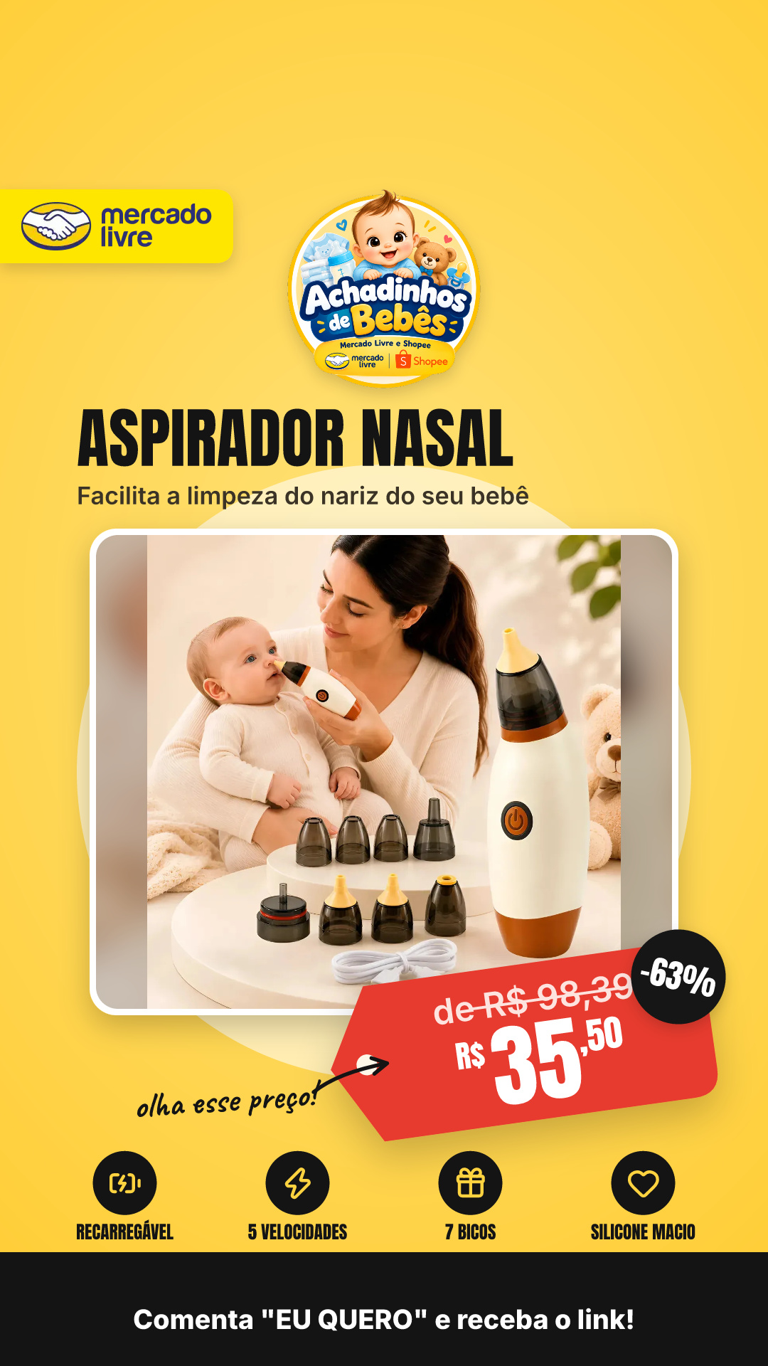 Aspirador Nasal Elétrico Bebê Sugador Catarro Recarregável Desentupidor Nariz Infantil Limpeza 5 Velocidades 7 Bicos Silicone Macio Seguro Higiene Respira Melhor Black Raipe Bege