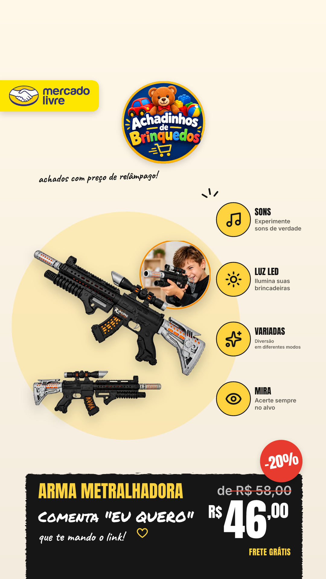 Arma Metralhadora Fuzil Militar C/ Mira Sons Luz Led Policia Variadas