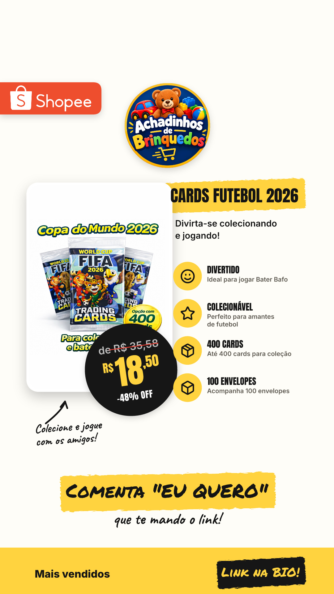 Cards – Colecionável até 400 Cards 100 Envelopes Futebol 2026 - Ideal para Bater Bafo
