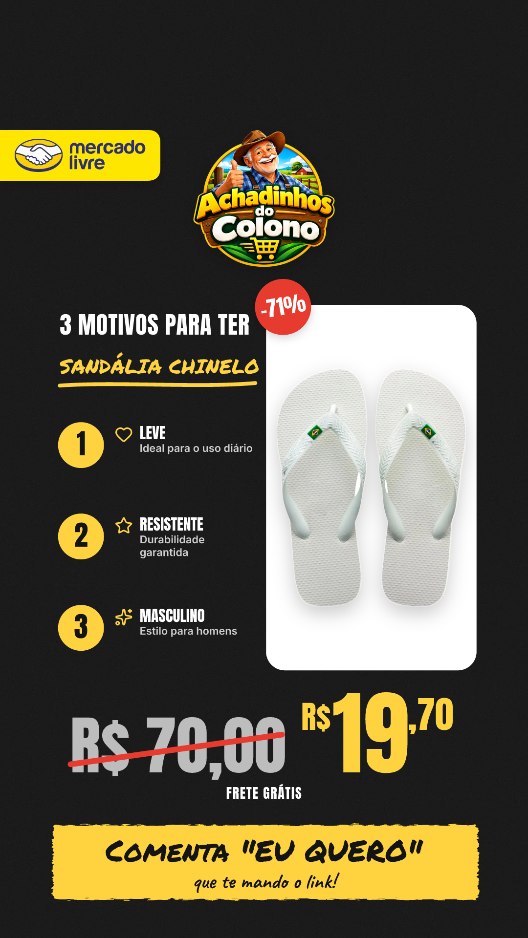 Sandália Chinelo Masculino Top Copa Brasil Leve Resistente Branco Bandeira 40