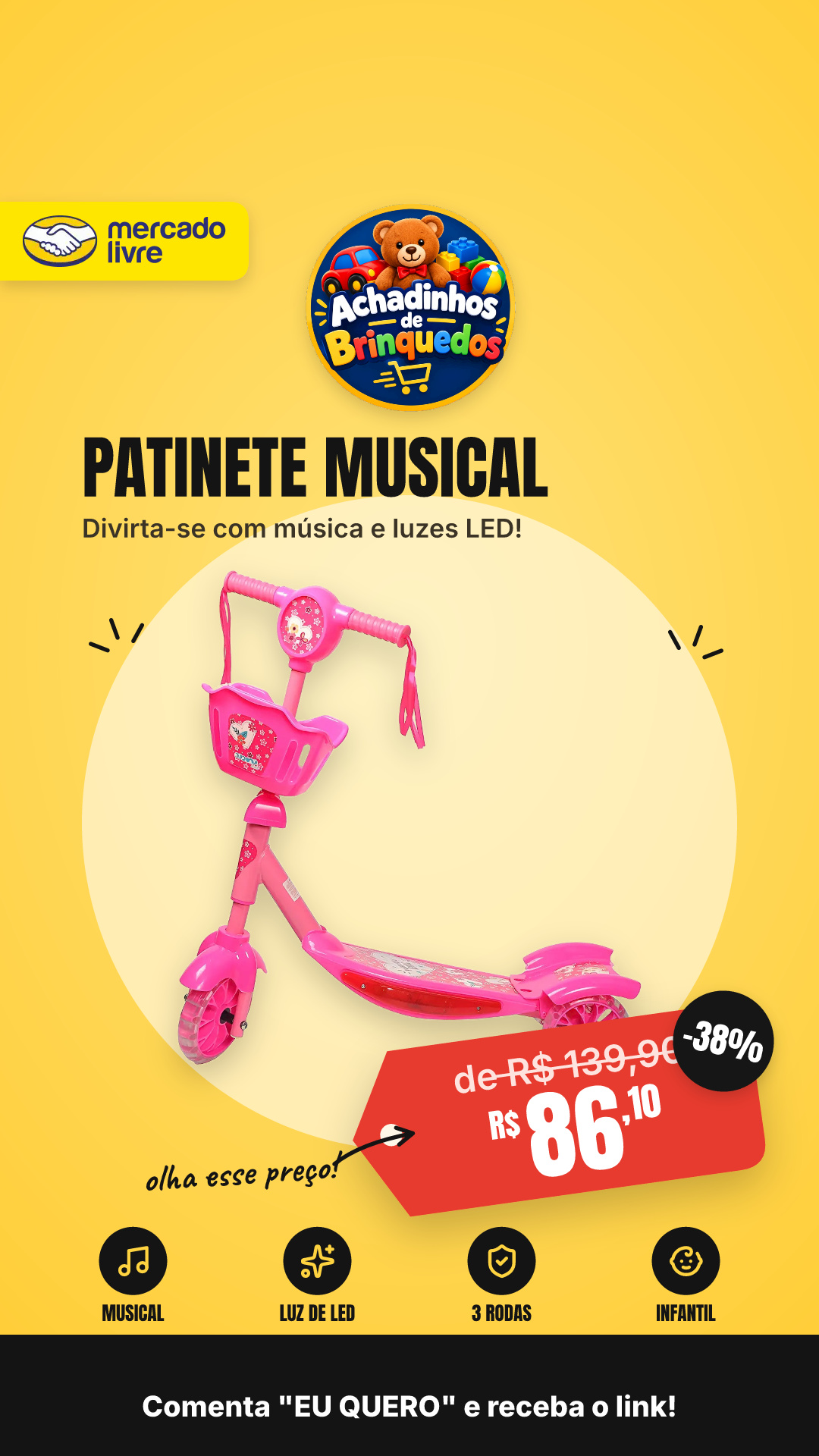 Patinete Infantil Musical Replay Kids Kiddy Com 3 Rodas E Luz De Led Rosa