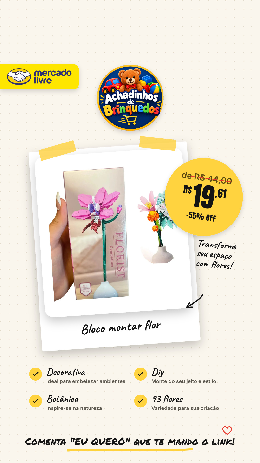 Bloco De Montar Flor P/ Vaso Buquê Botânica Decorativa Diy 93 Flor Cymbidium