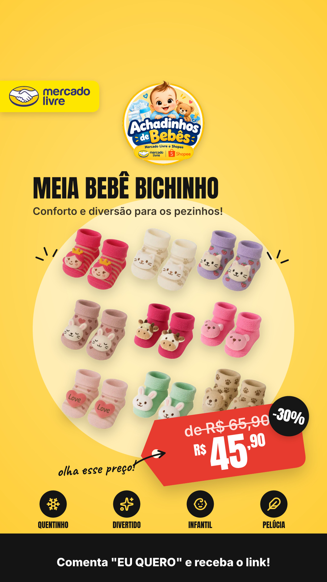 Kit 06 Pares Meia Bebê Bichinho Infantil Inverno Pelúcia 3d