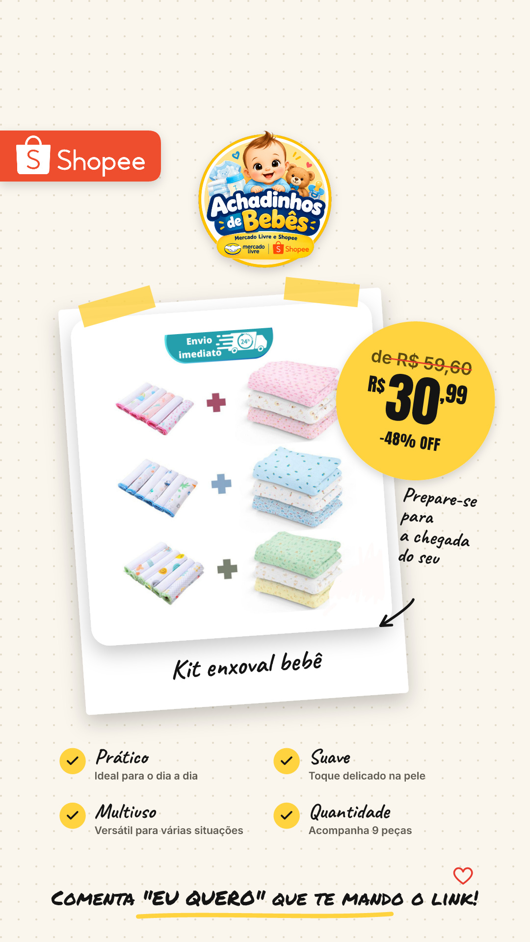 Kit Enxoval Cueiro e Paninho de boca ( 9 PEÇAS ) Bebê