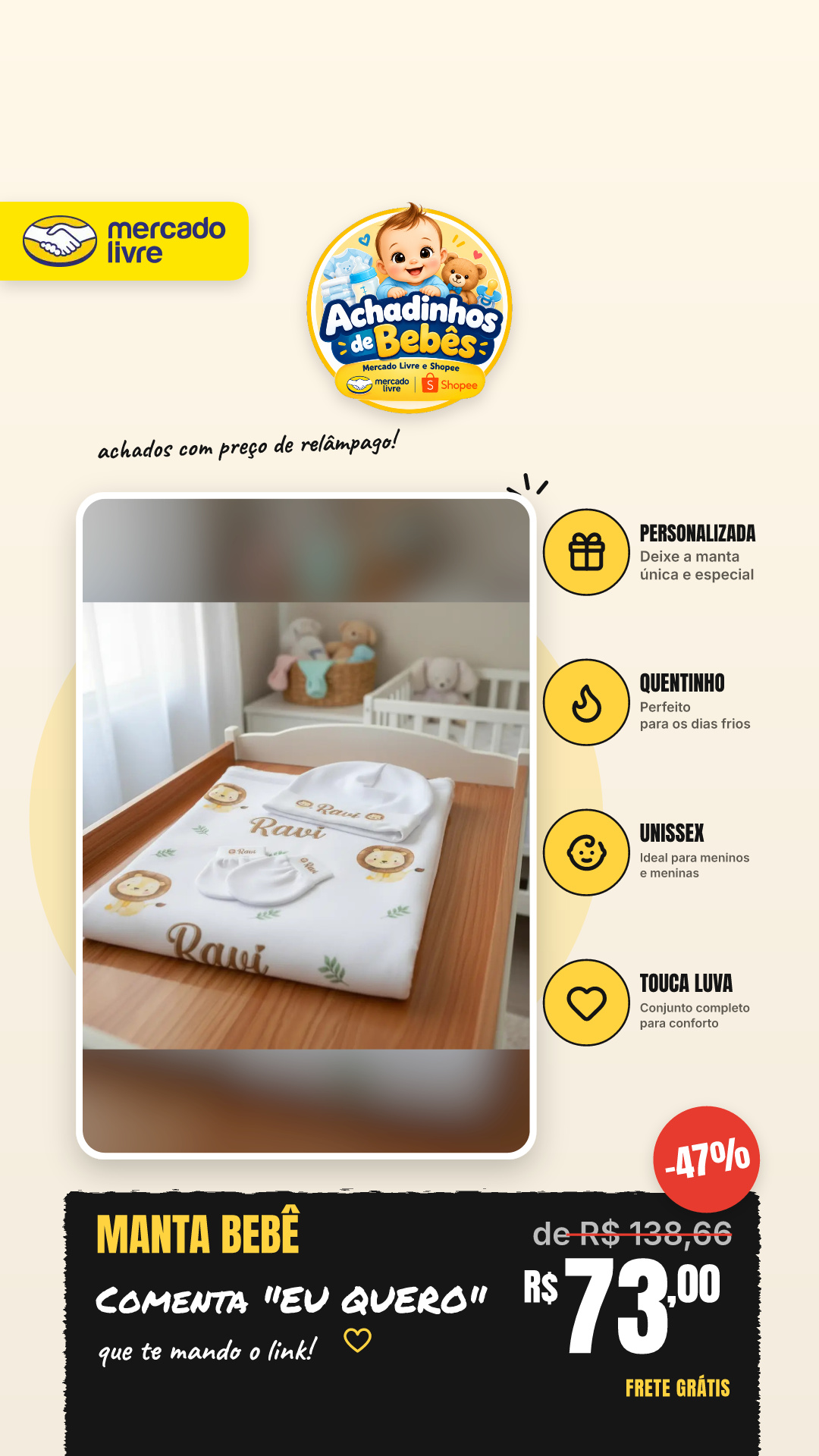 Manta Cobertor Bebe Touca Luva Menino Menina Personalizada Personalizado Branco