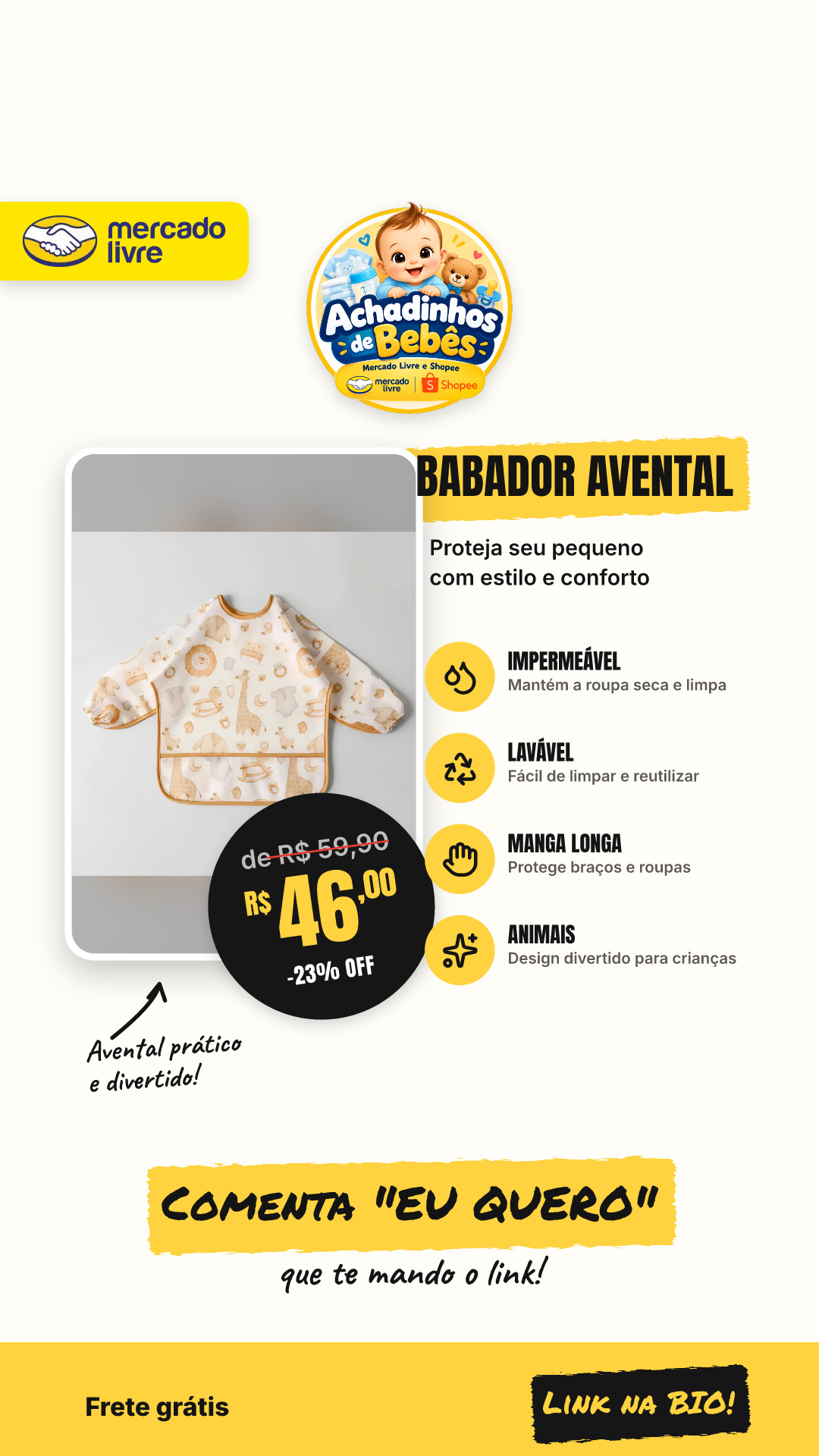 Babador Avental Infantil Manga Longa Impermeável Lavável Animais Branco