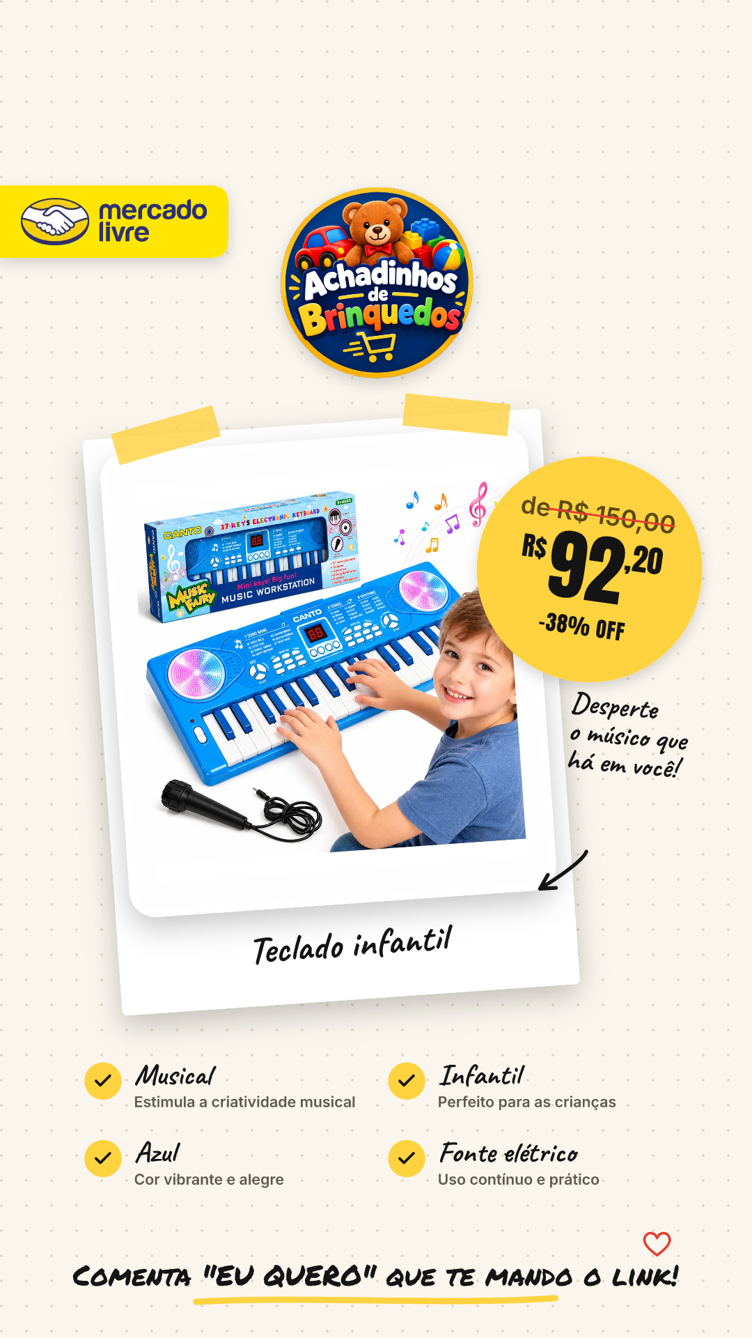 Teclado Infantil Microfone Fonte Elétrico Musical Piano Azul Azul 5v