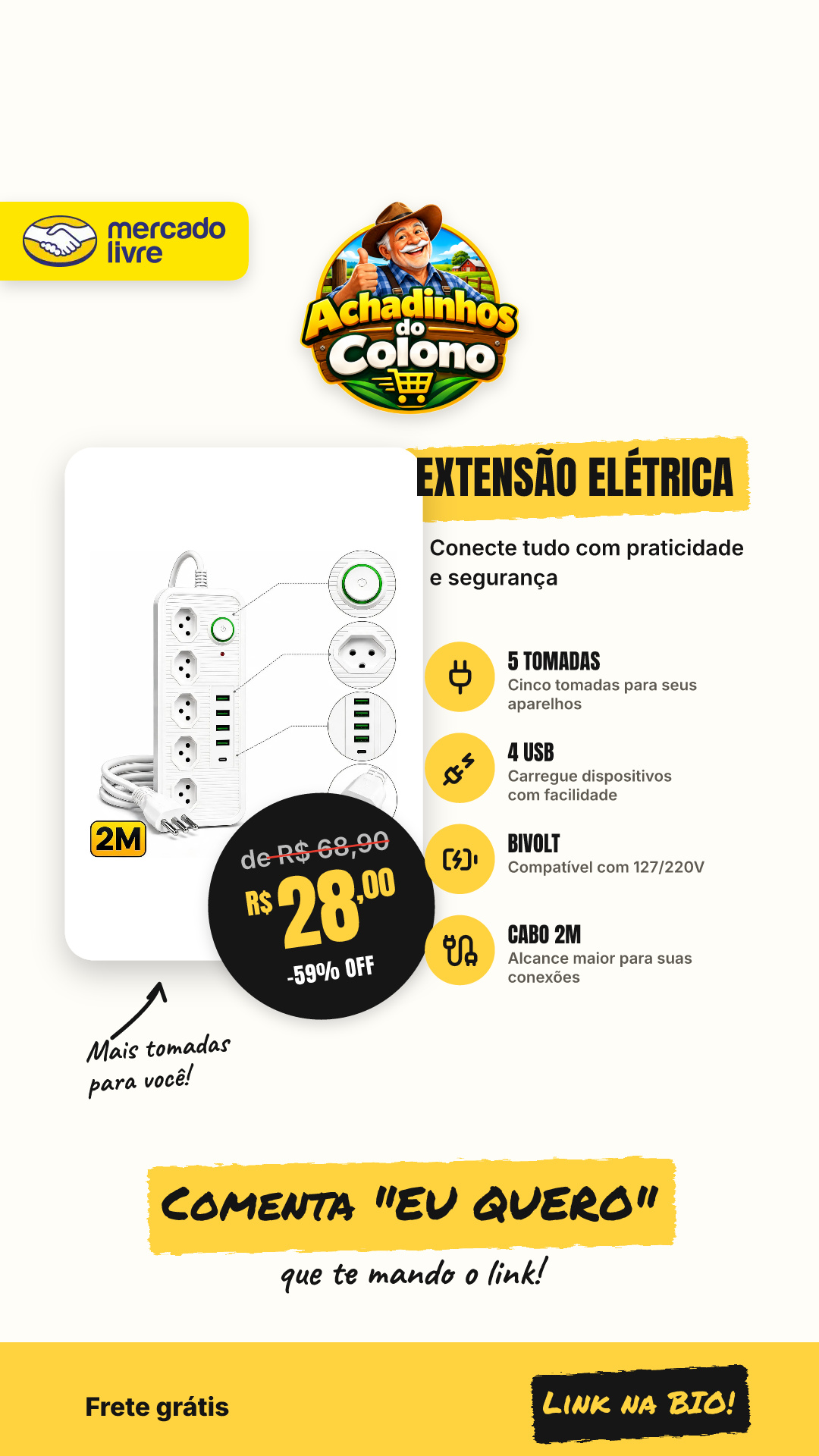 Extensão Régua Elétrica 5 Tomadas 4 Usb 1 Tipoc Bivolt 2m Branco 127/220v