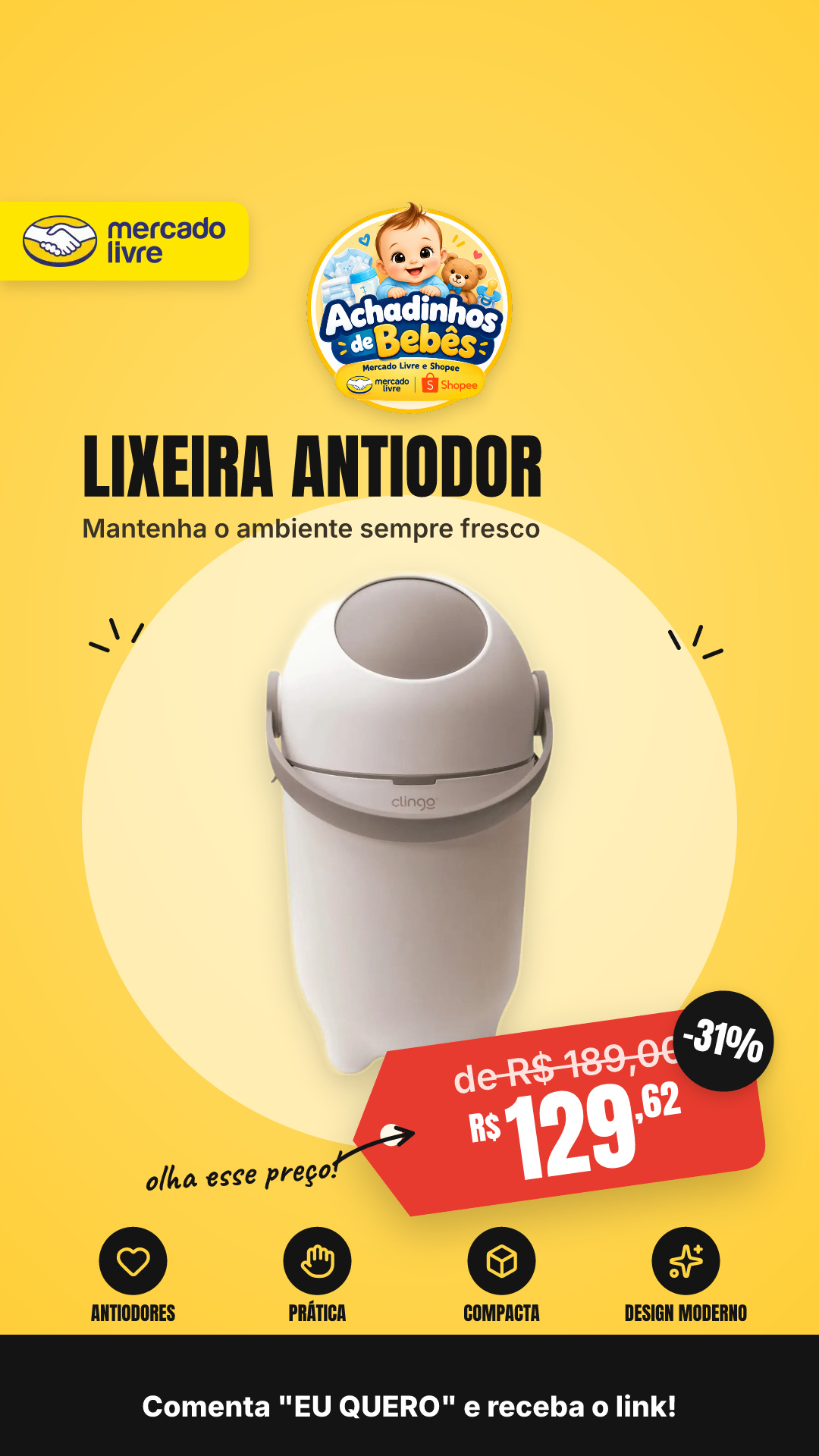 Lixeira Antiodor Clingo Bebê Branca 10l Branco