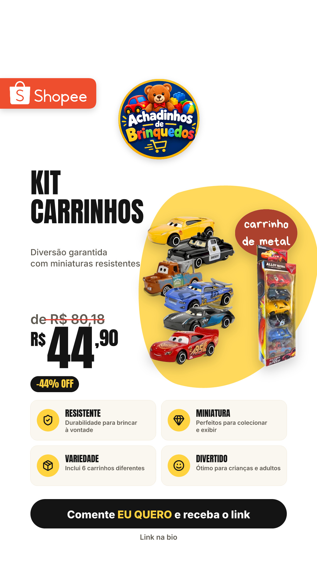 Kit 6 Carrinhos Relampago MCqueen De Metal Carrinhos de Ferro Resistente Miniatura Coleção