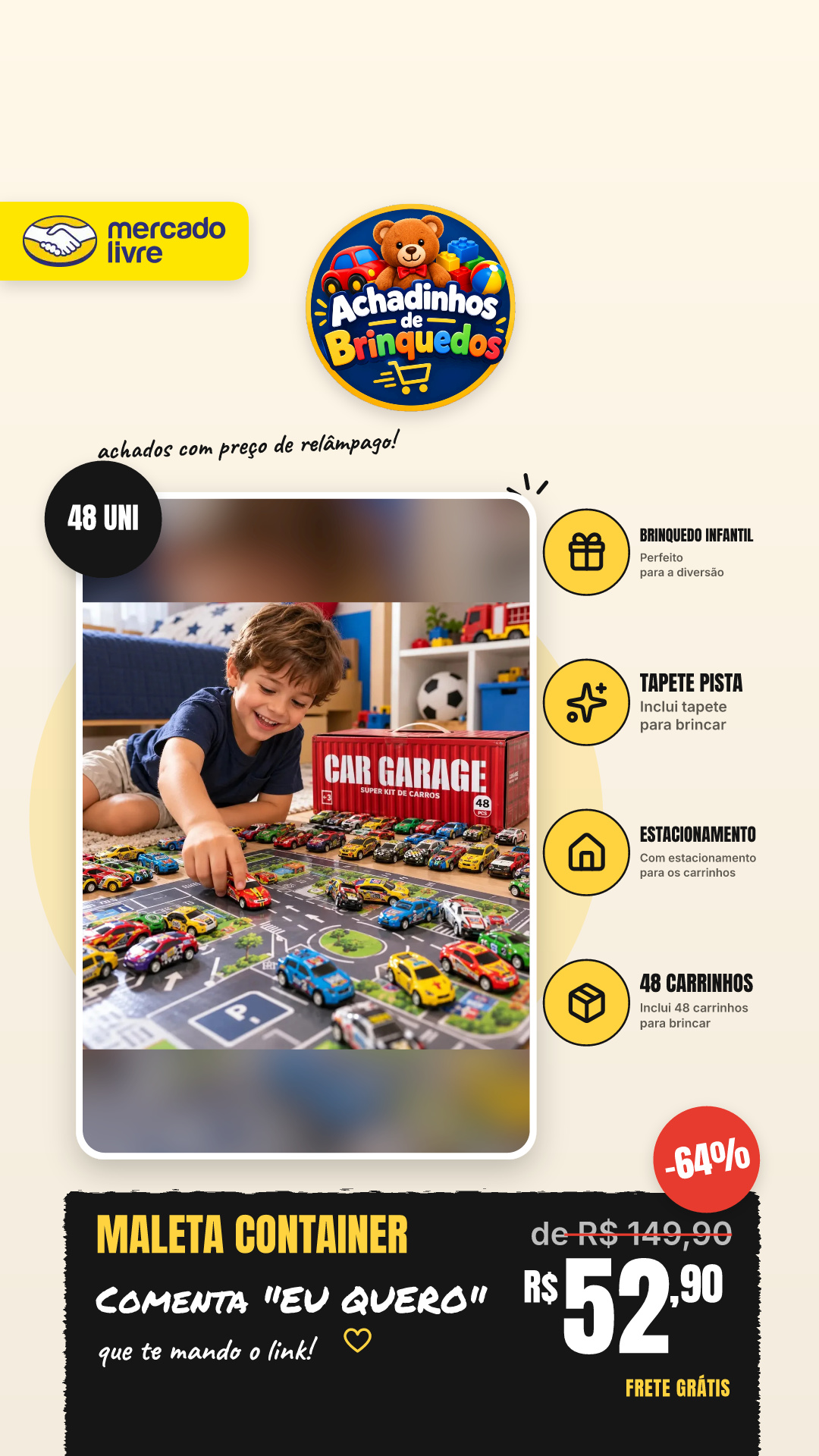 Maleta Container Com 48 Carrinhos Inclui Tapete Pista E Estacionamento Brinquedo Infantil Presente Criança