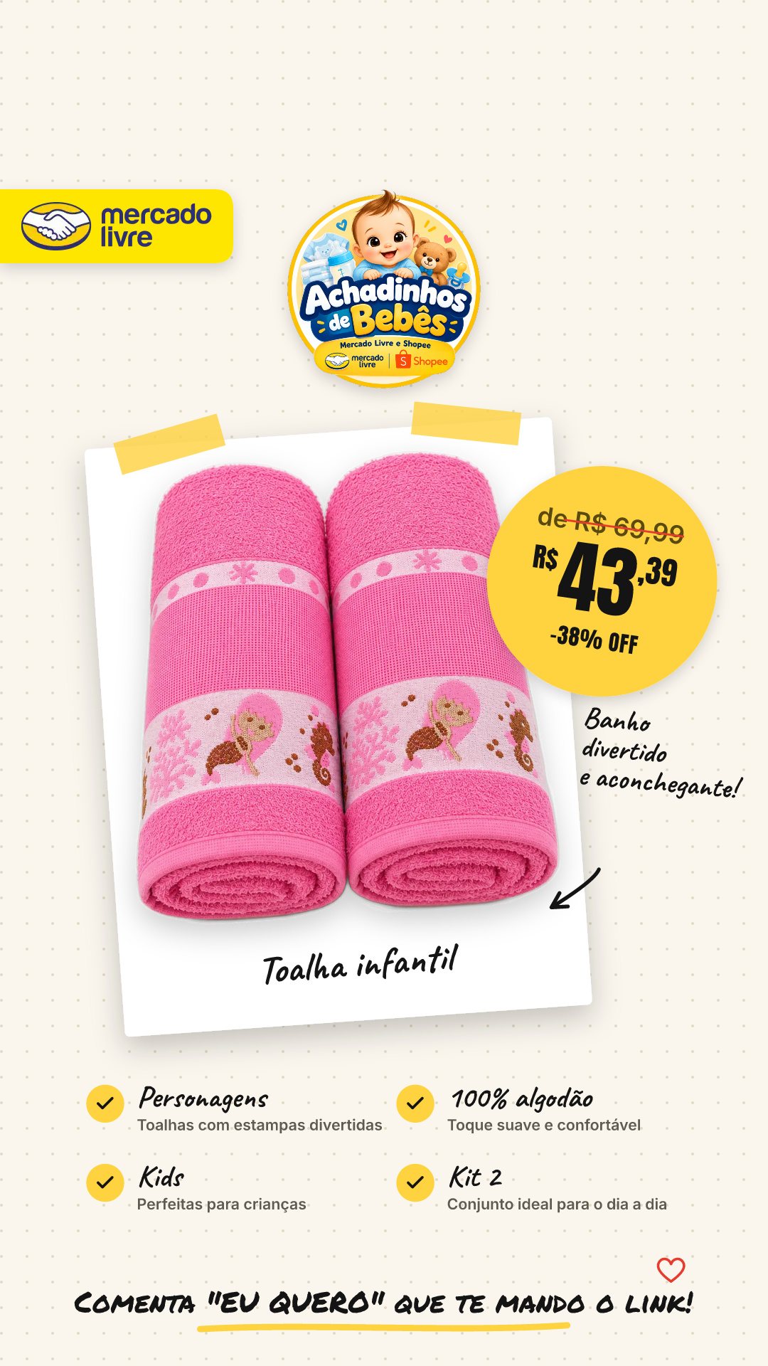 Kit 2 Toalha De Banho Infantil Personagens 100% Algodão Kids Rosa-chiclete