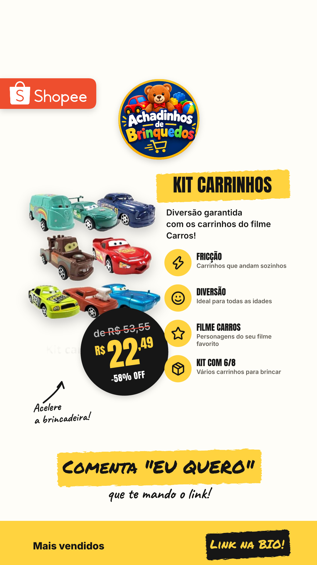 Kit com 6/8 Carrinhos Com e Sem Fricção Filme Carros Relâmpago Mcqueen Brinquedo Infantil Envio Imediato