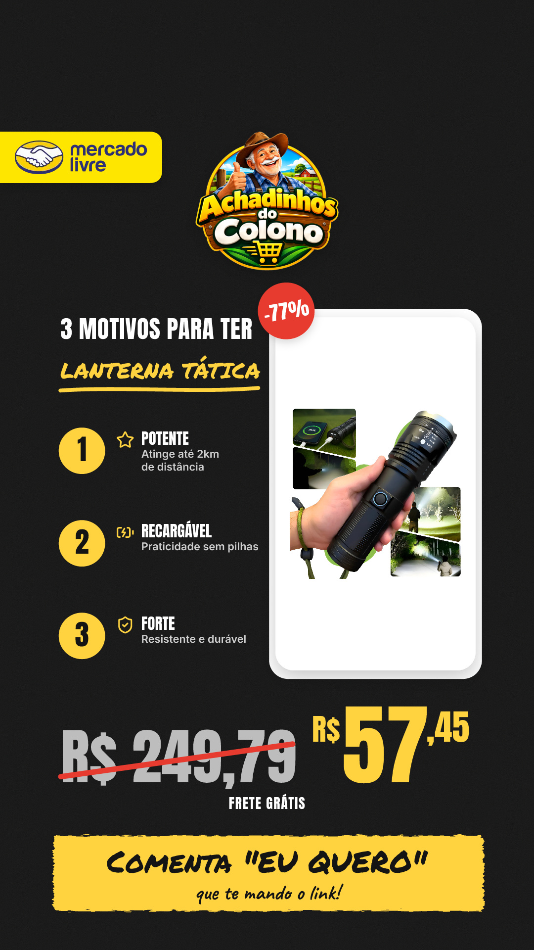 Lanterna Tática 2km Mais Forte Do Mundo Recarregável…