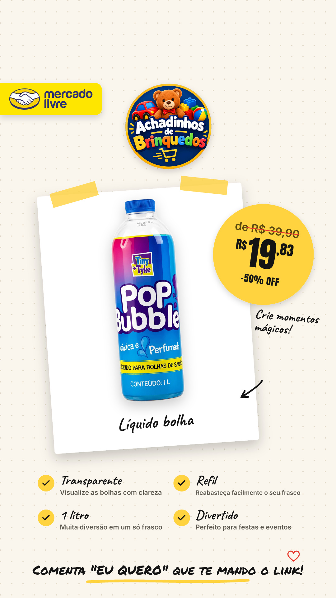 Líquido Para Bolha De Sabão Refil Pop Bubble 1 Litro Transparente