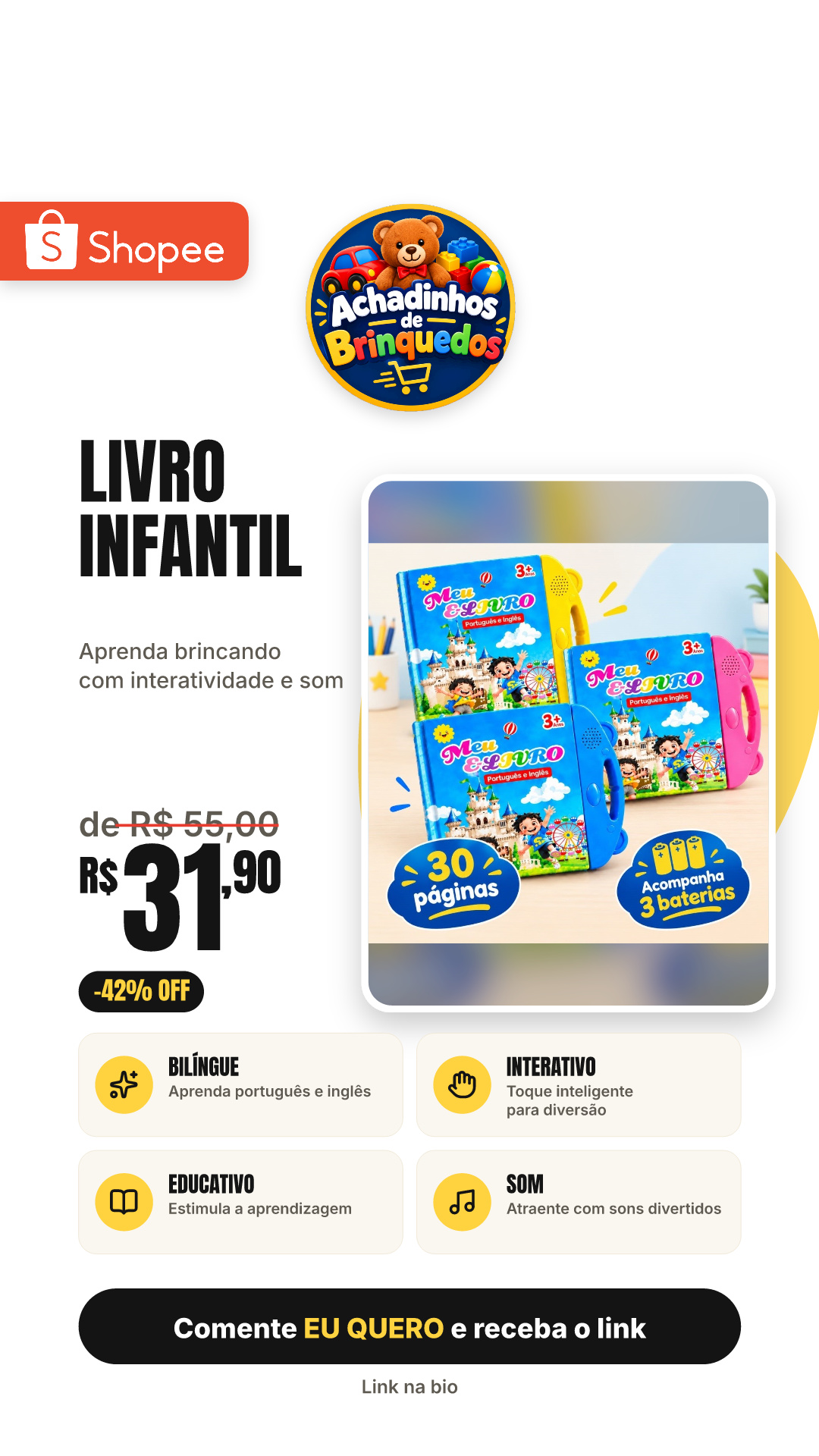 Livro Infantil Bilíngue Português Inglês Livro Interativo com Som Toque Inteligente Educativo Aprendizagem Crianças