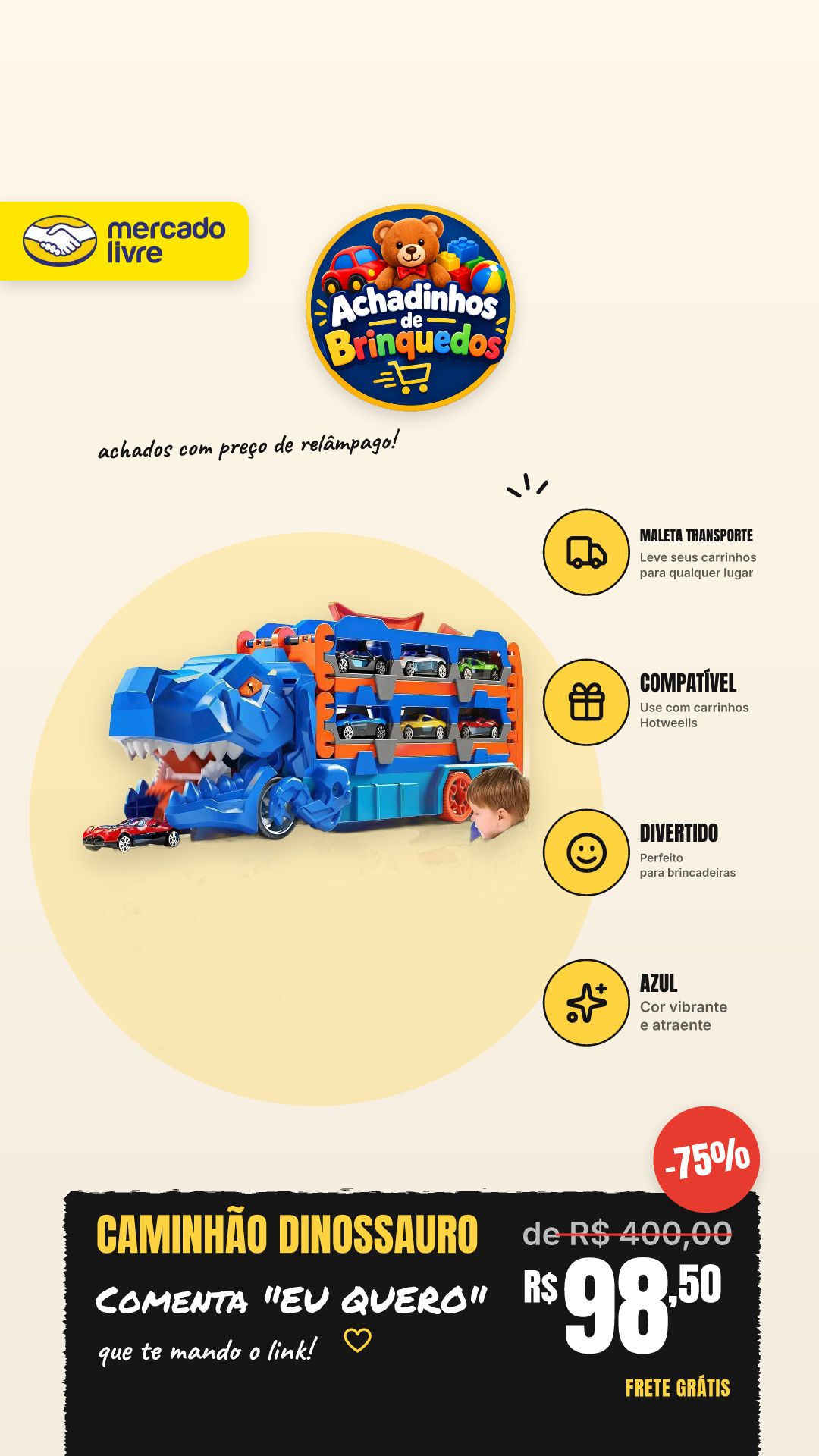 Caminhão Dinossauro Pista Com 6 Carrinhos Maleta Transporte,compatibilidade Hotweells Azul