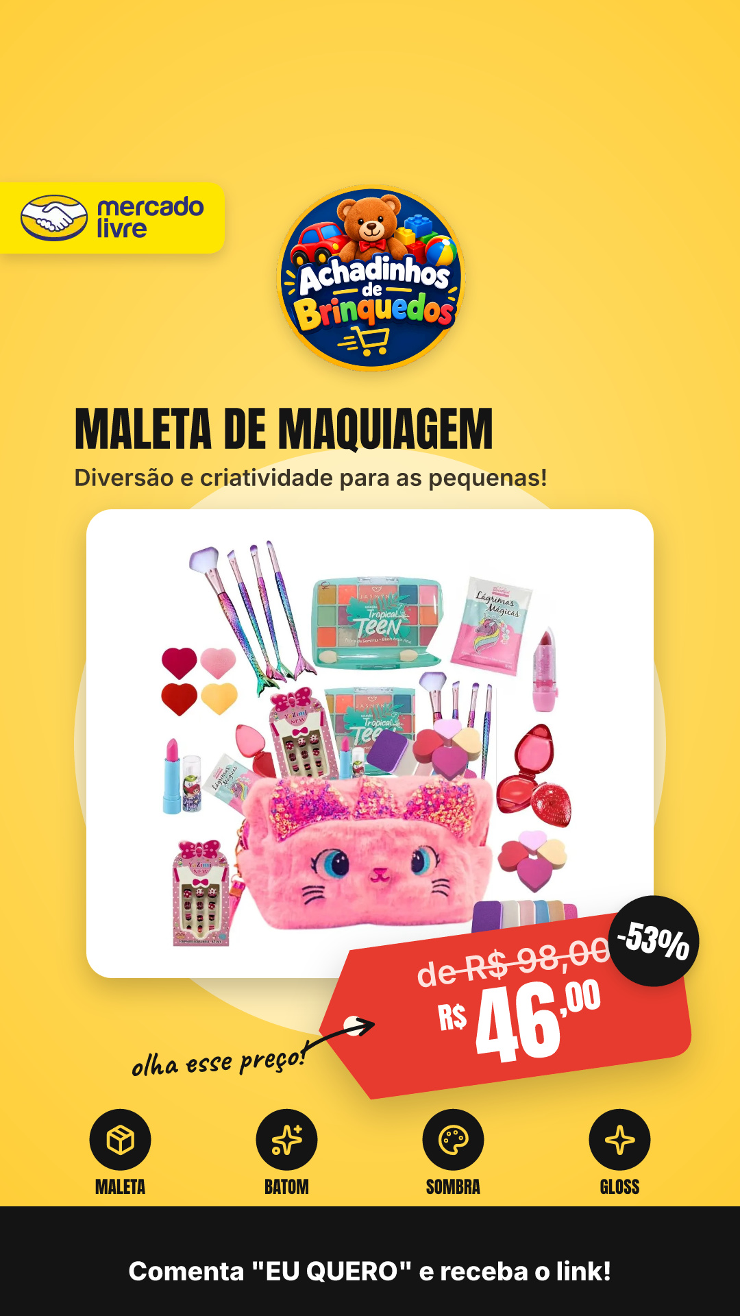 Kit Maquiagem Infantil Maleta Com Batom, Sombra E Gloss