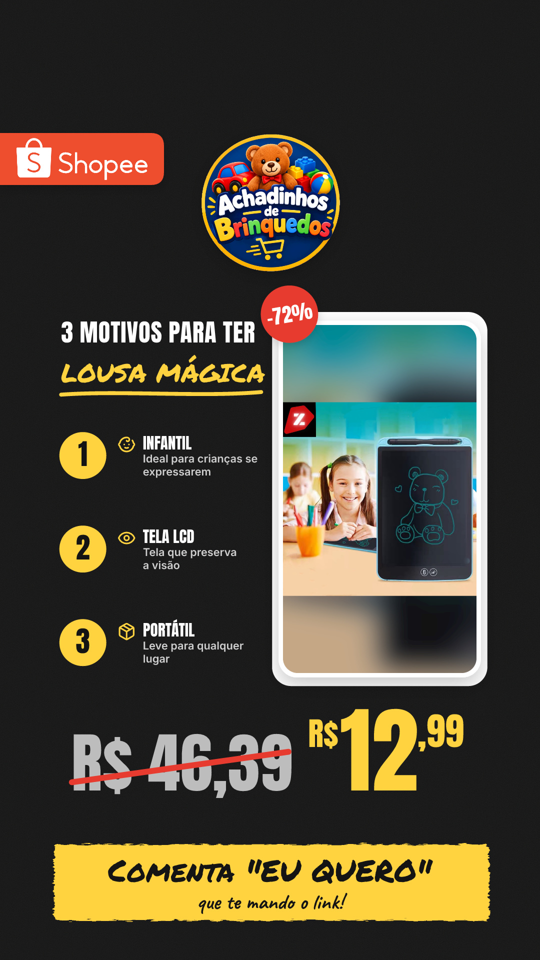Lousa Mágica Tela Lcd Tablet Infantil De Escrever E Desenhar 8.5 /10/12 Polegadas