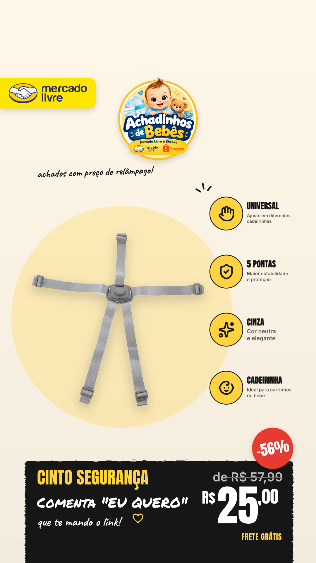 Cinto Segurança 5 Pontas Universal Cadeirinha Carrinho Bebê Cinza