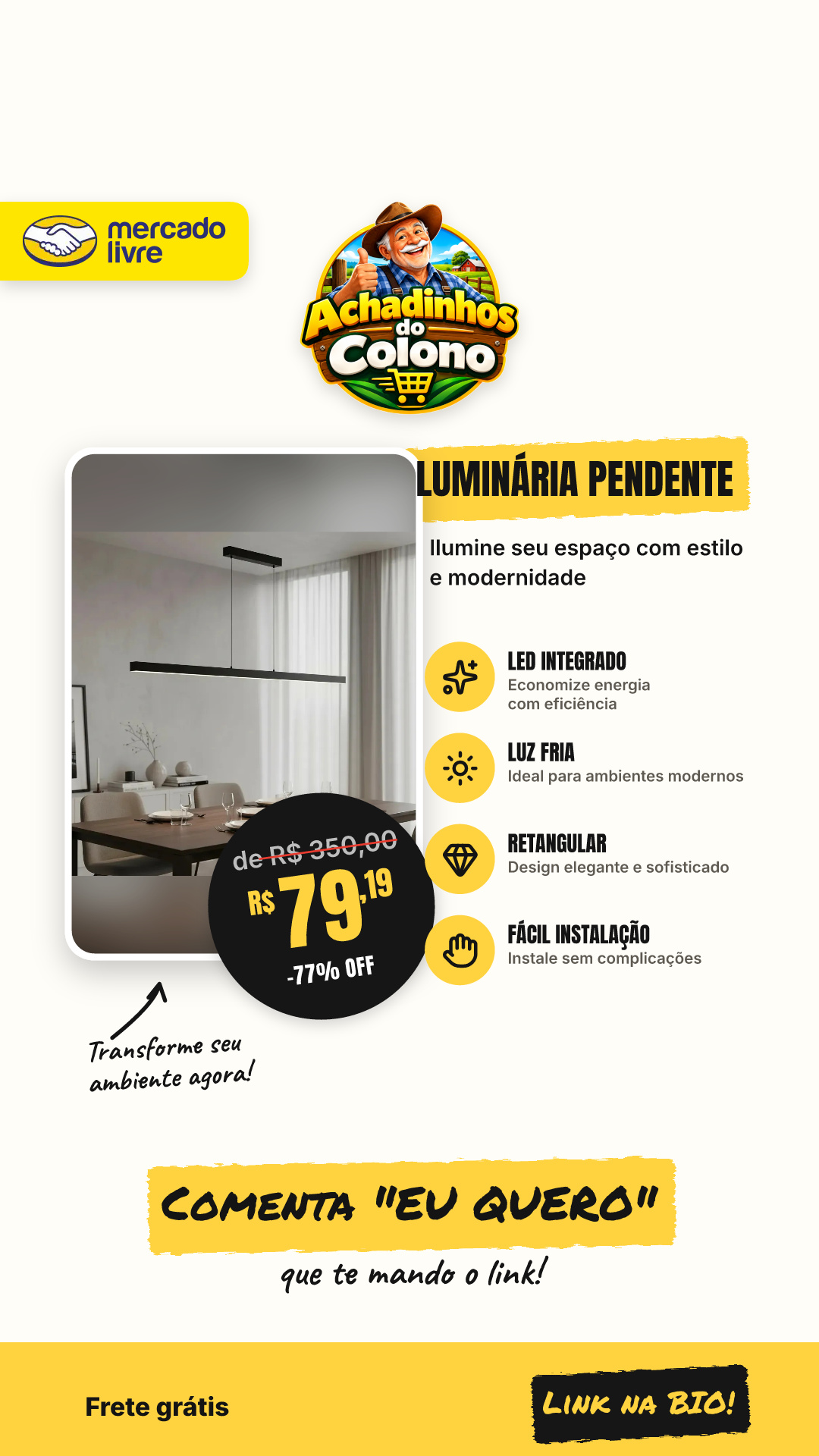 Luminaria Lustre Pendente Retangular Led Integrado 50w 115cm Cor Preto- Luz Fria 6.000k 127/220v