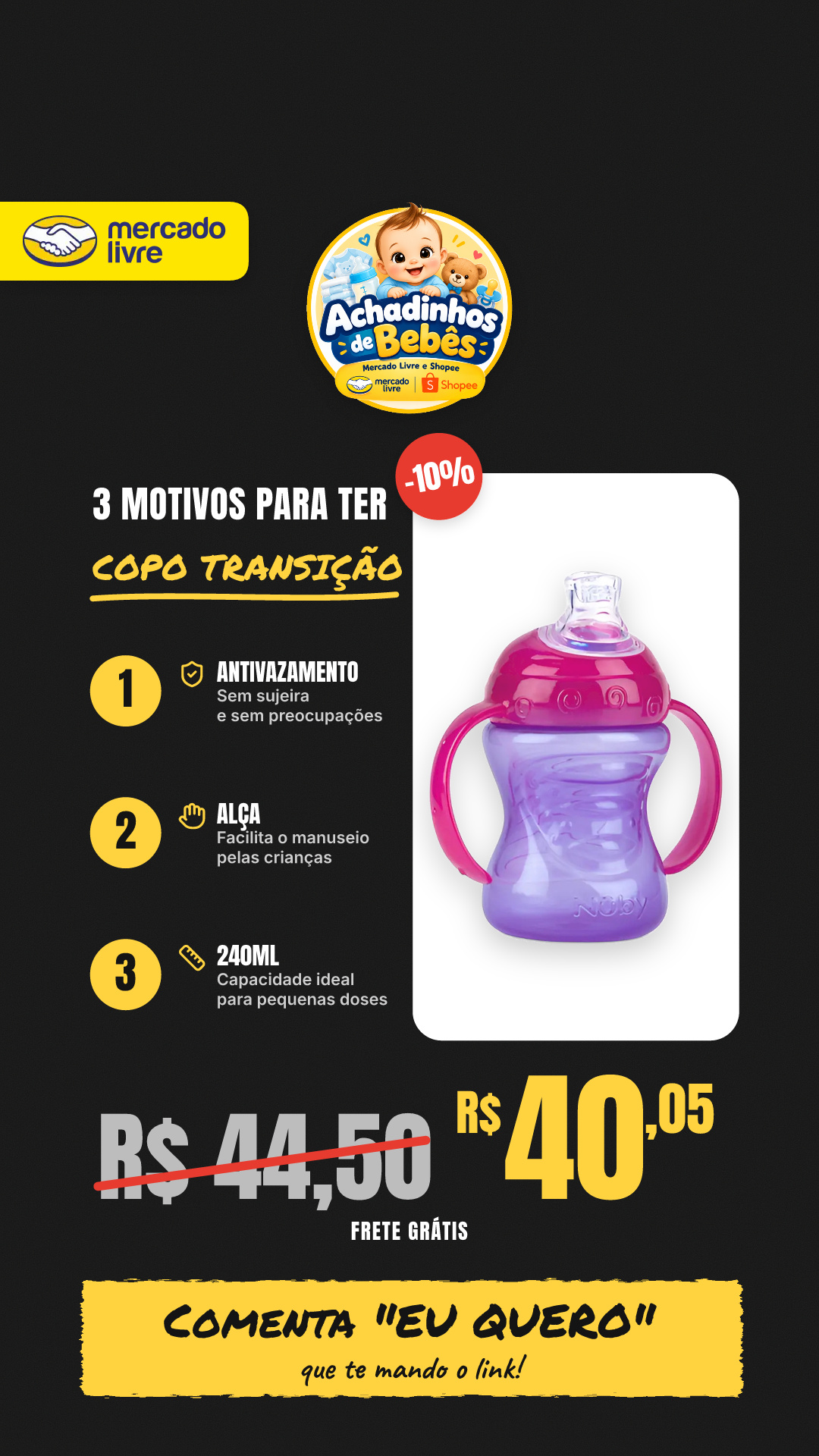 Copo Transição Alça Bico Silicone Antivazamento Nuby 240ml Lilás E Rosa Liso