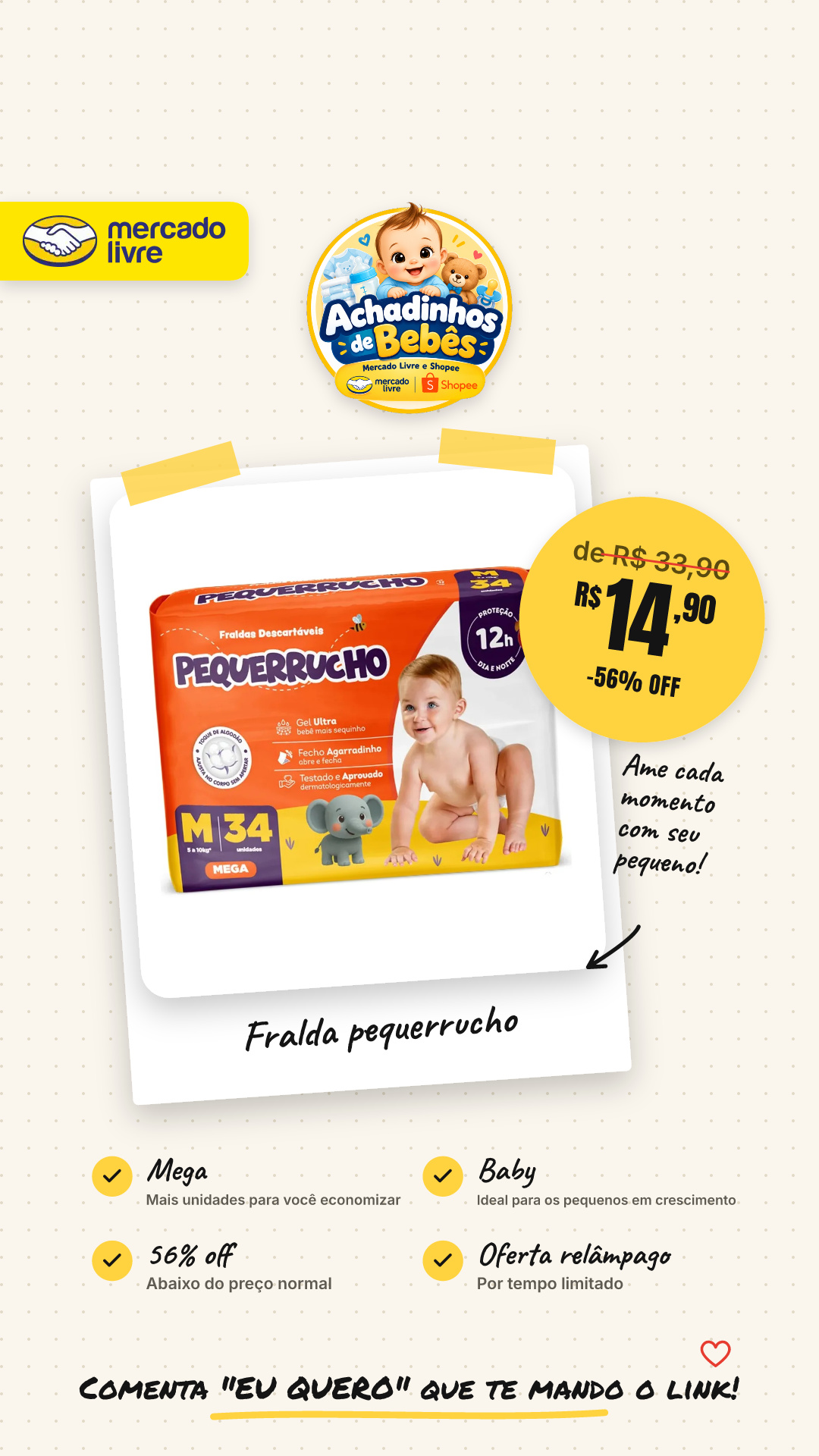 Fralda Pequerrucho Baby Mega M - 34un