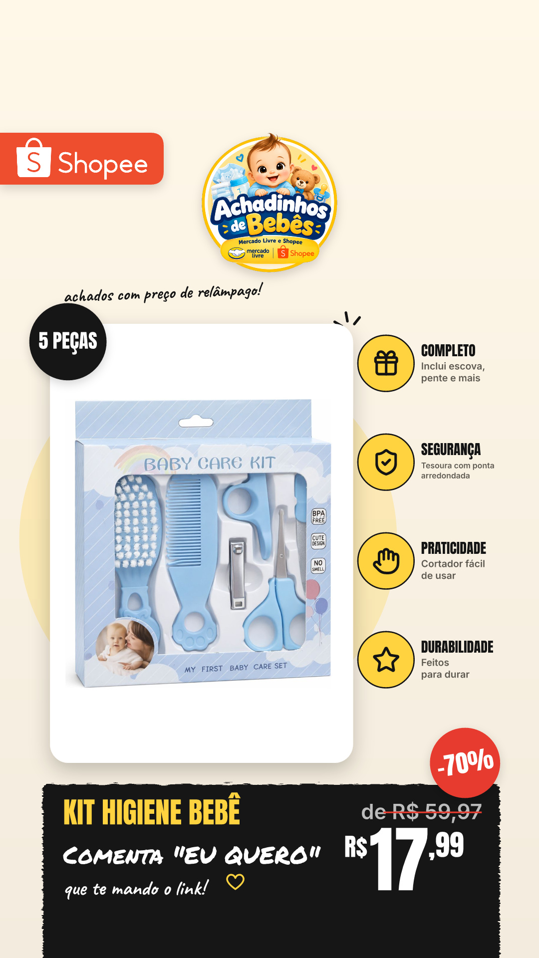 Kit Higiene Bebê 5 Peças Escova, Pente, Tesoura E Cortador