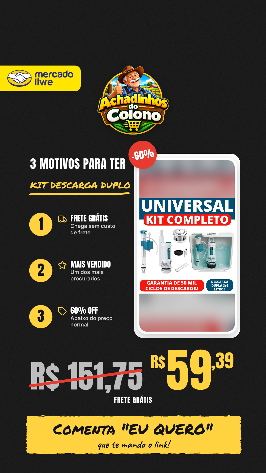 Kit Descarga Caixa Acoplada Reparo Completo Duplo Botão Mecanismo Universal Tipo Para Bacia Vaso Sanitário Louça Privada 3/6 Litros Superior Banheiro Casa Residencial Comercial Vmd Homecenter