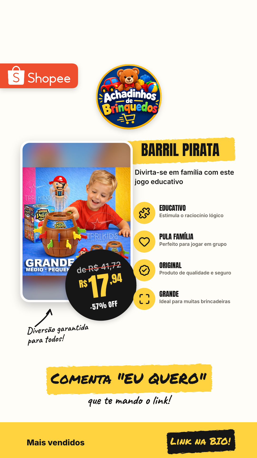 Barril Pirata Grande Médio Mini Original Brinquedo Infantil Jogo Tabuleiro Pula Família 4+ Educativo