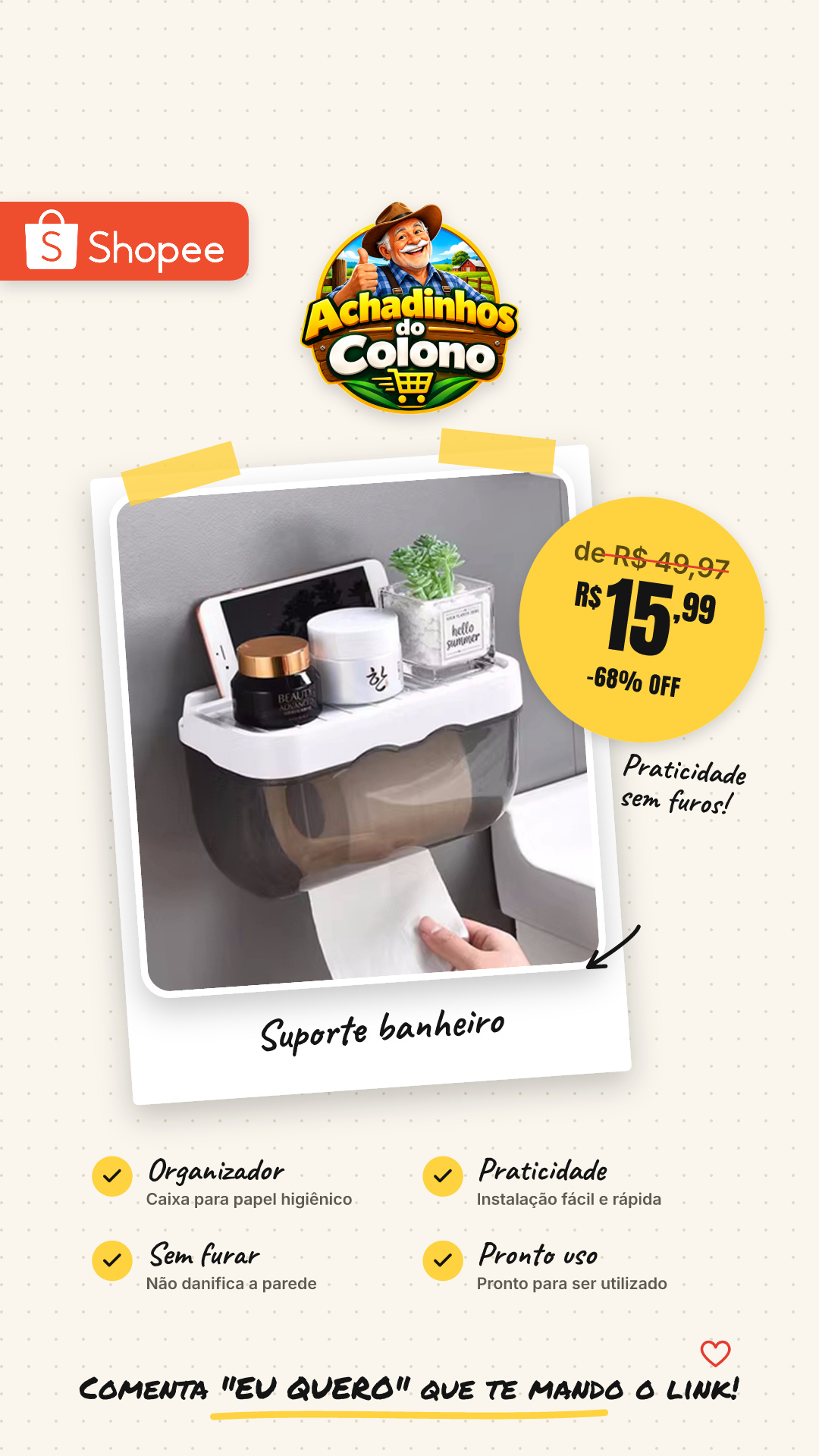 Suporte De Parede Banheiro/Caixa Organizadora Com Papel Higiênico/Sem Furar pronta entrega