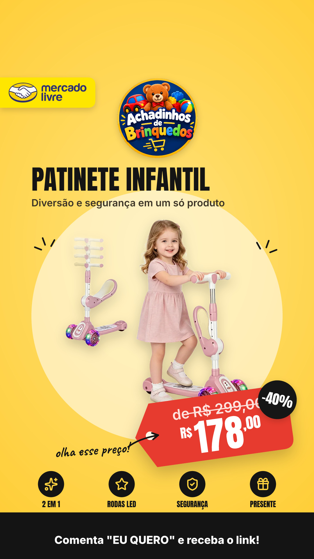Top Patinete Infantil Rosa 2em1 Rodas Led 2-8 Presente Rosa Cavalinho