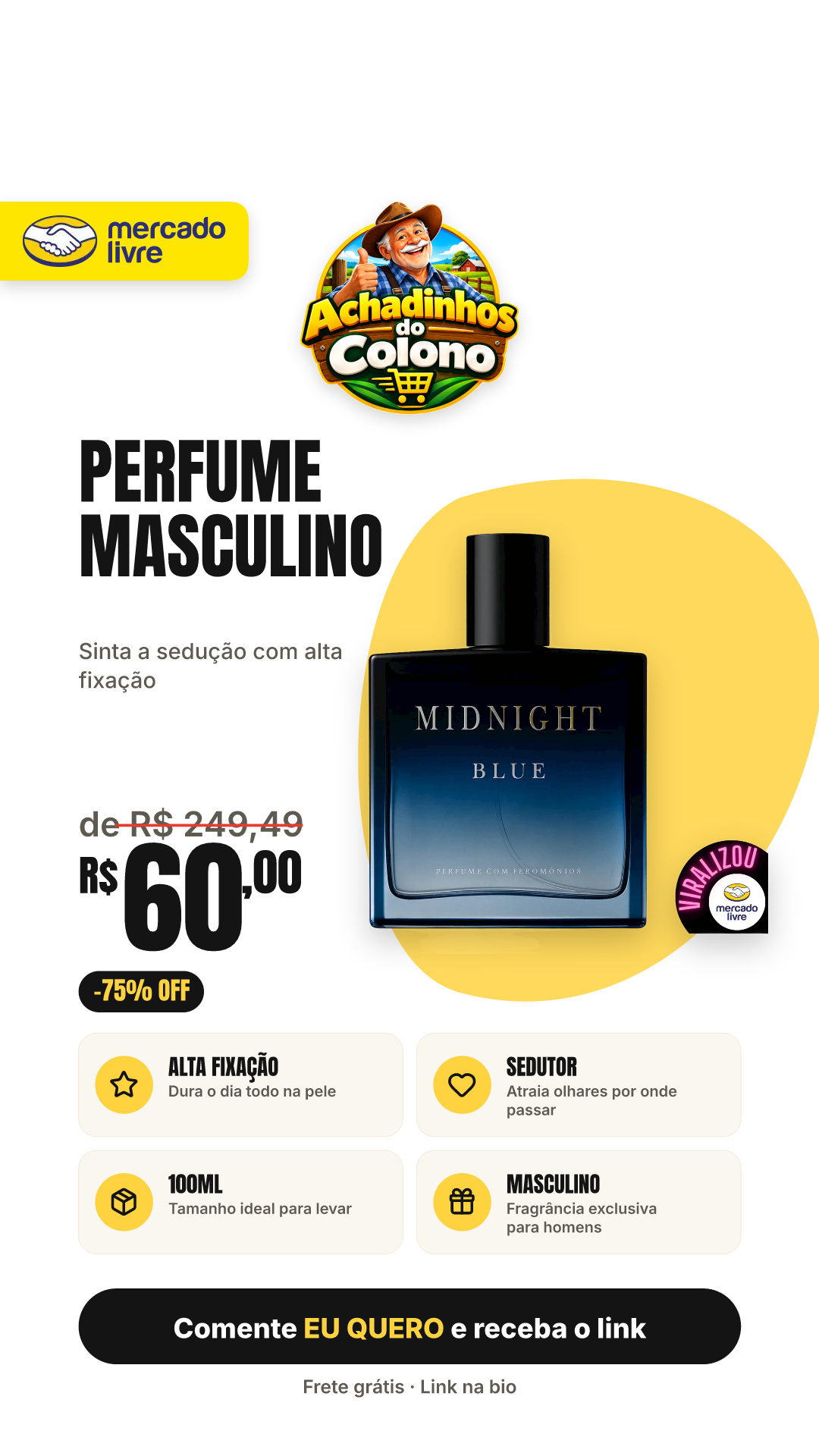 Perfume Masculino Midnight Blue 100ml Alta Fixação Sedutor