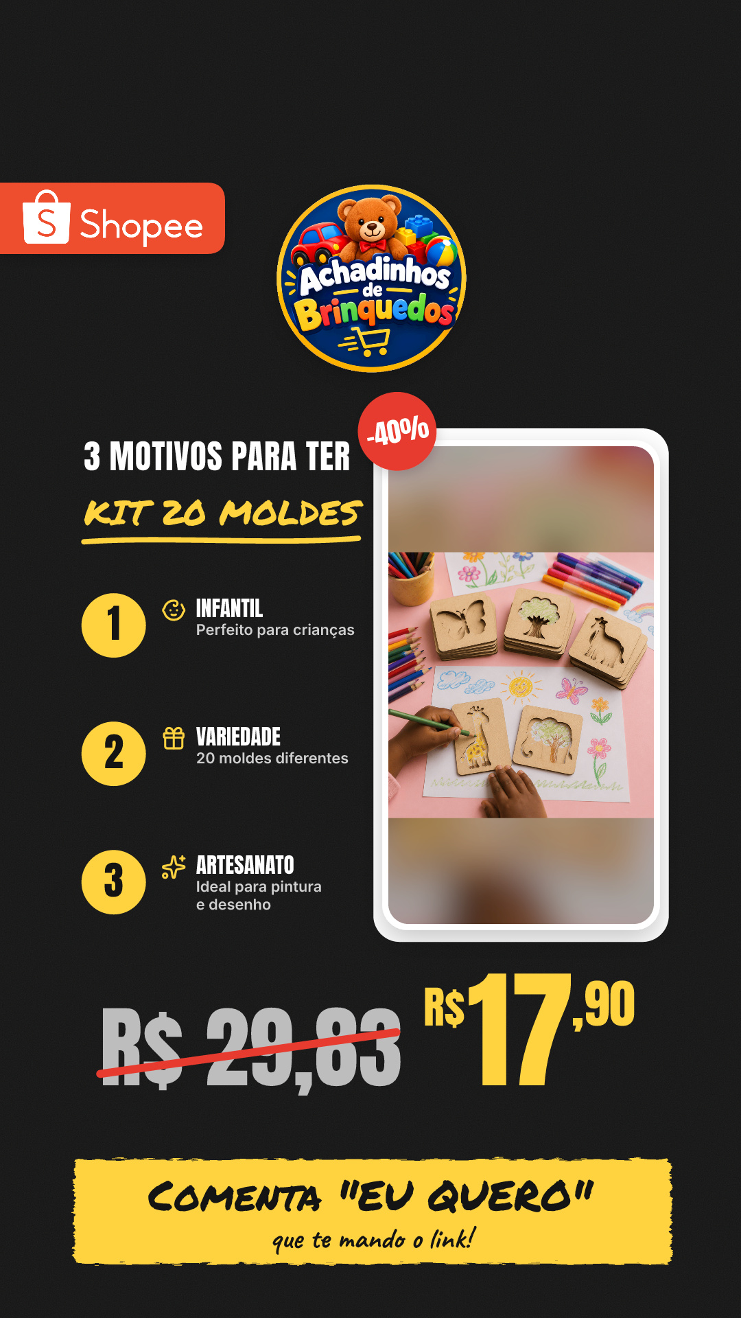 Kit 20 Moldes Vazados MDF Animais Natureza Objetos Infantil Para Pintura Desenho 7,5cm