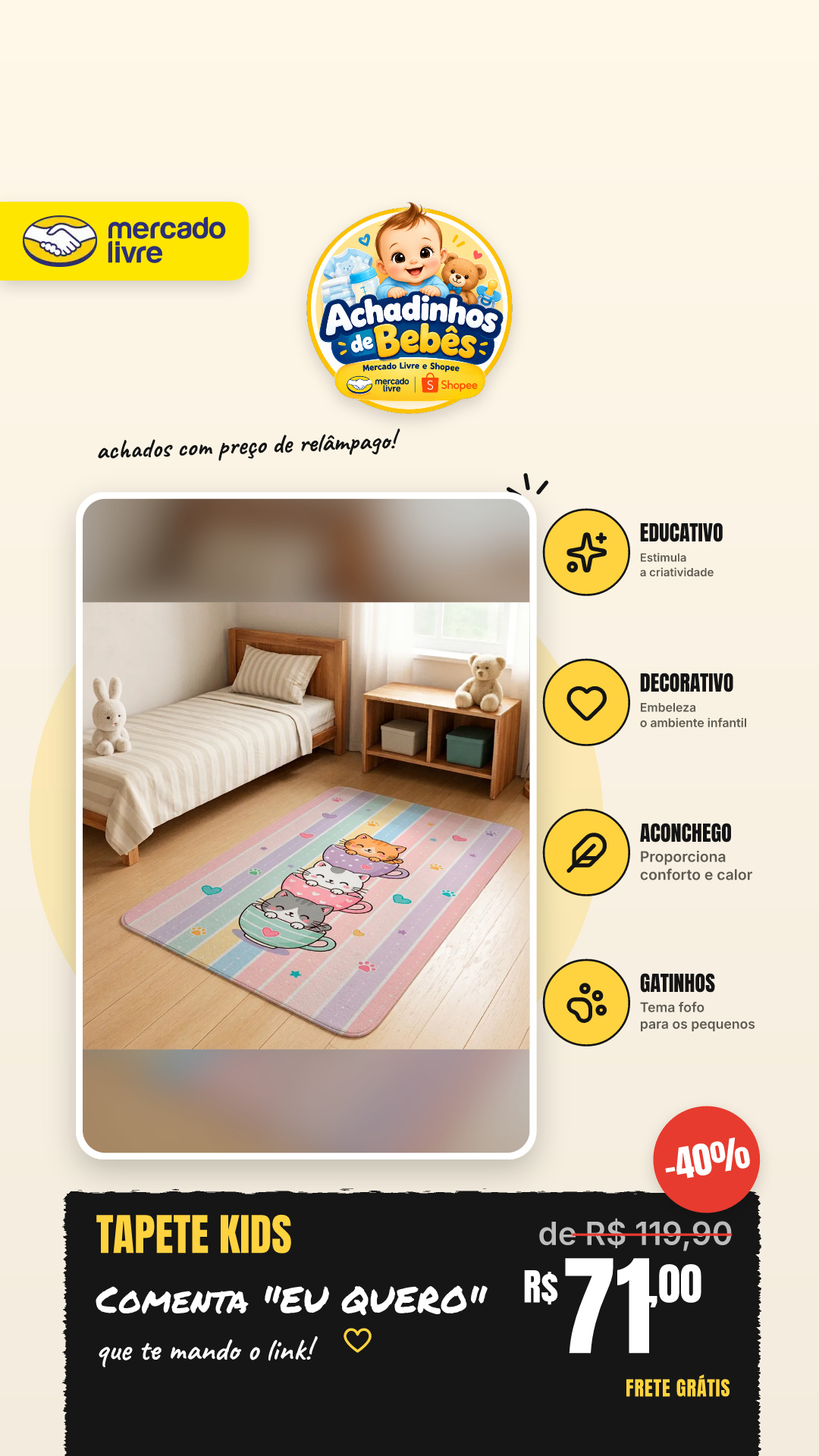 Tapete Kids Infantil Atividades Decorativo Educativo 69x118 Aconchego Gatinhos