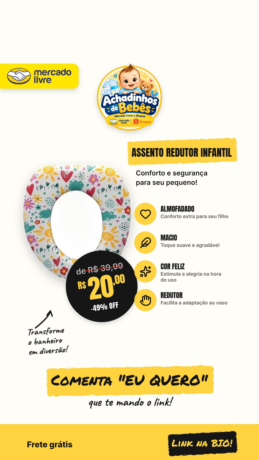 Assento Vaso Sanitário Infantil Redutor Almofadado Macio Cor Feliz