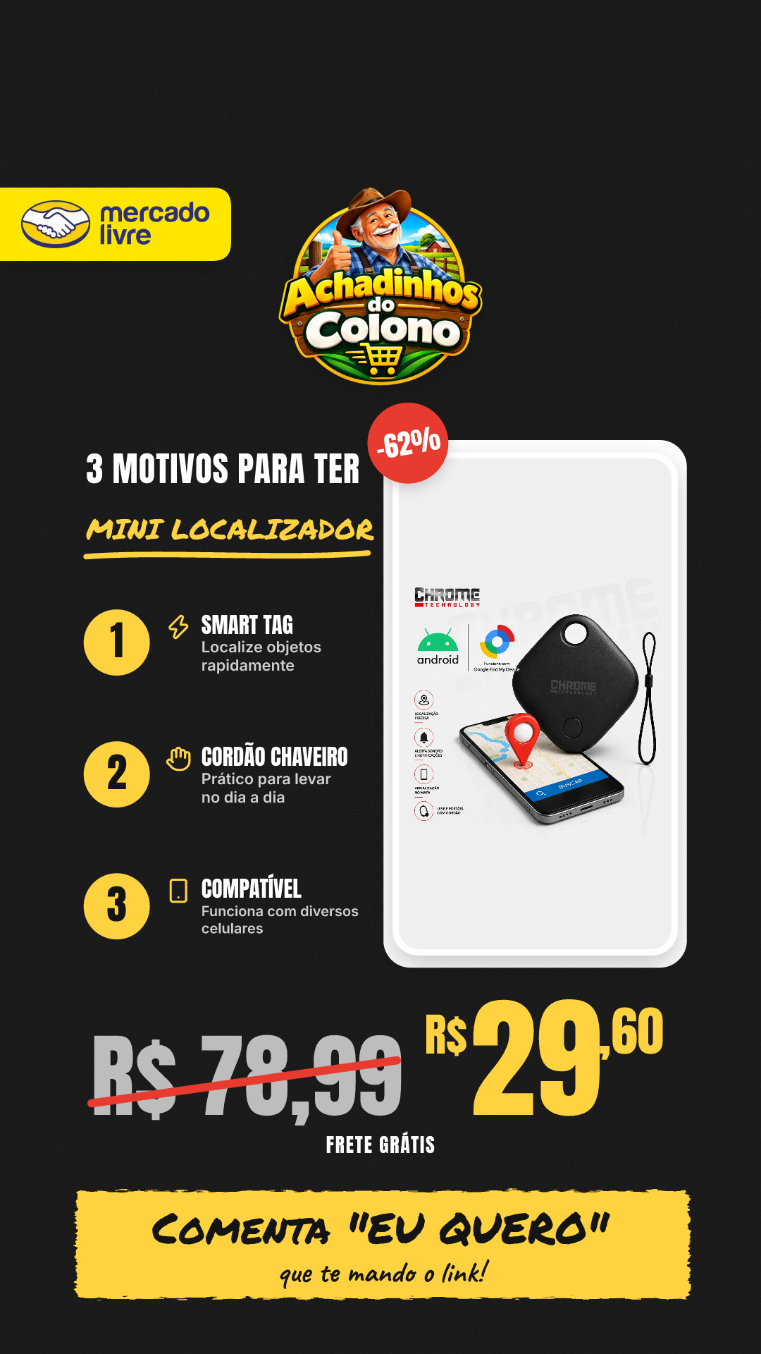 Mini Localizador Rastreador Smart Tag Gps Com Cordão Chaveiro Cor Preto Compatível Com Android Samsung Motorola Xiaomi Chrome Technology