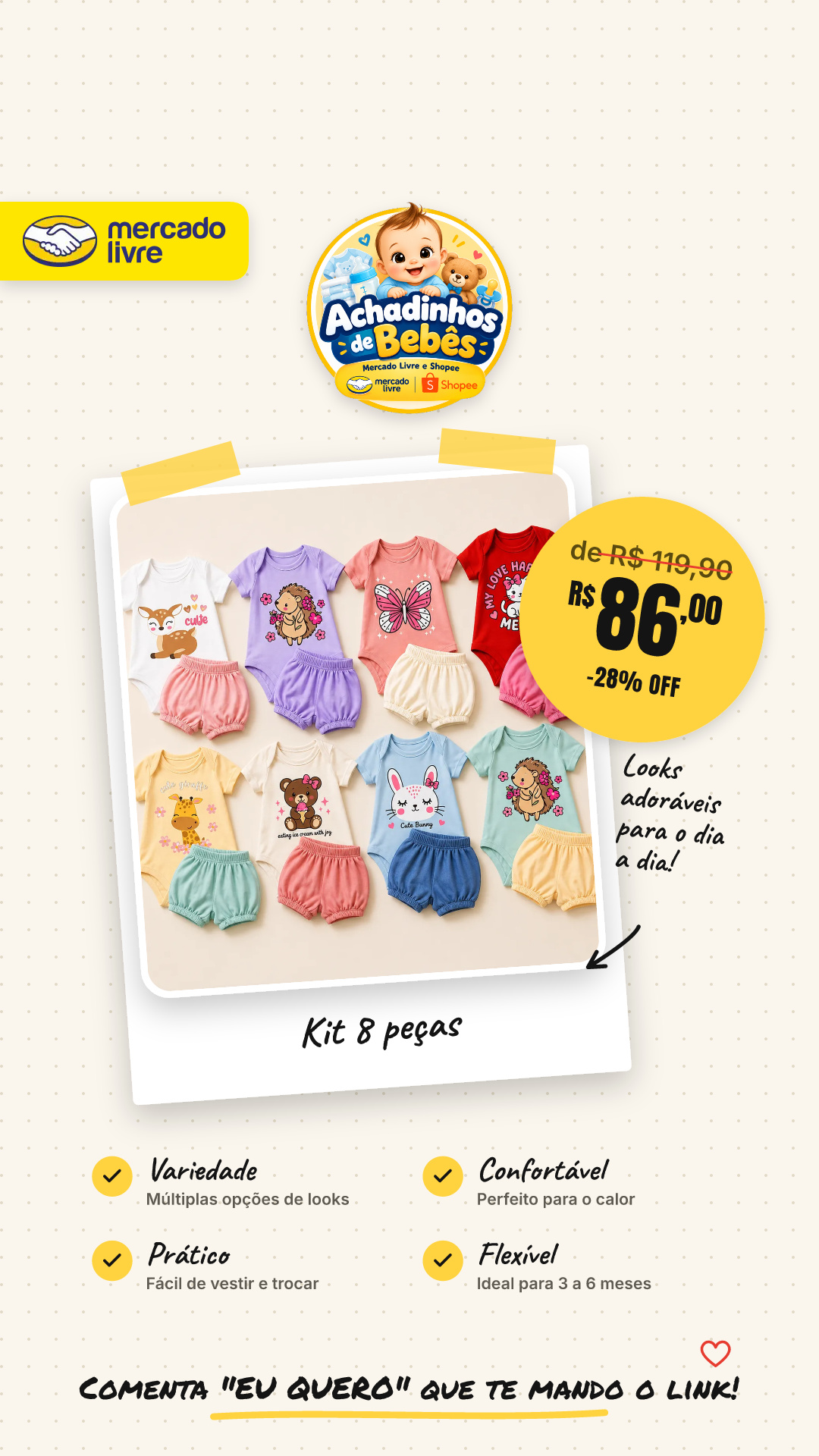 Kit 8 Peças Menina Body Manga Curta + Short Algodao Sortido Sortido M ( 3 A 6 Meses)