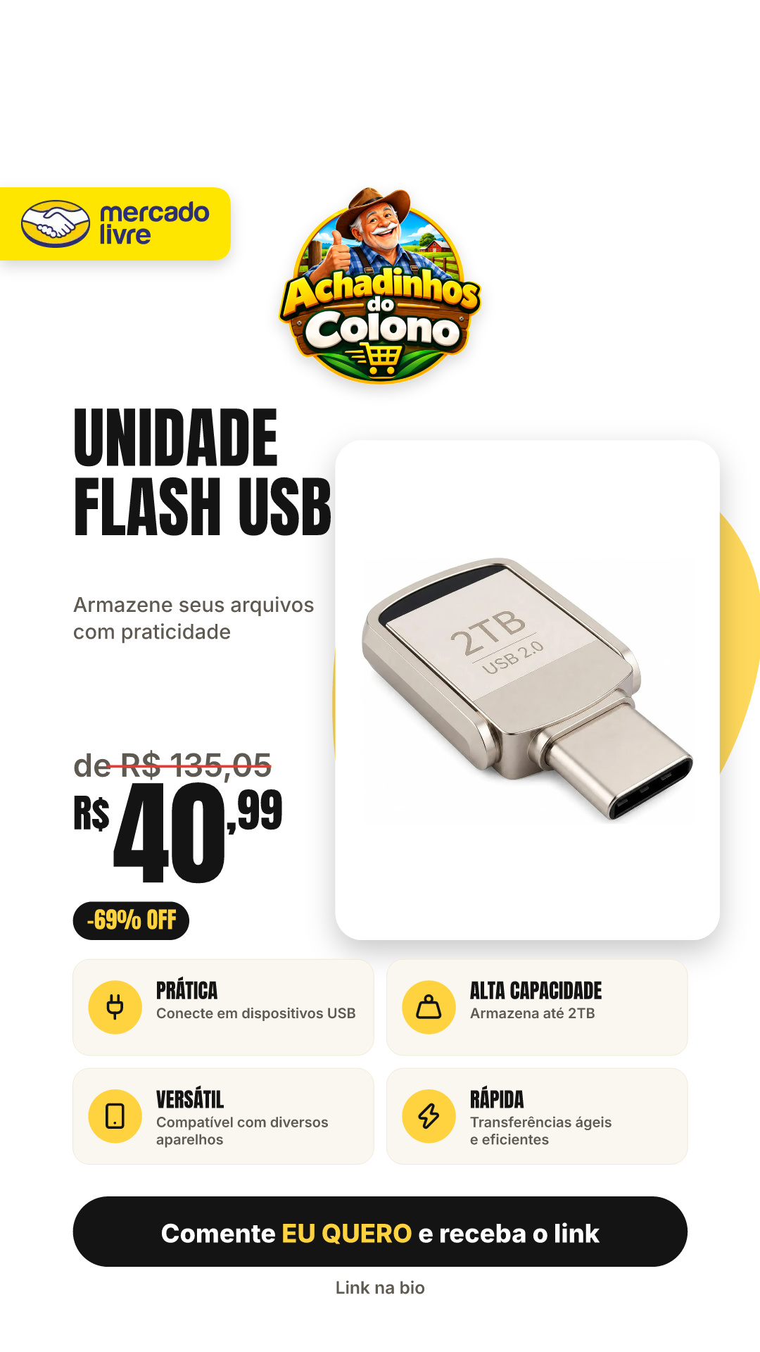 Unidade Flash Usb 2 Em 1, 2 Tb